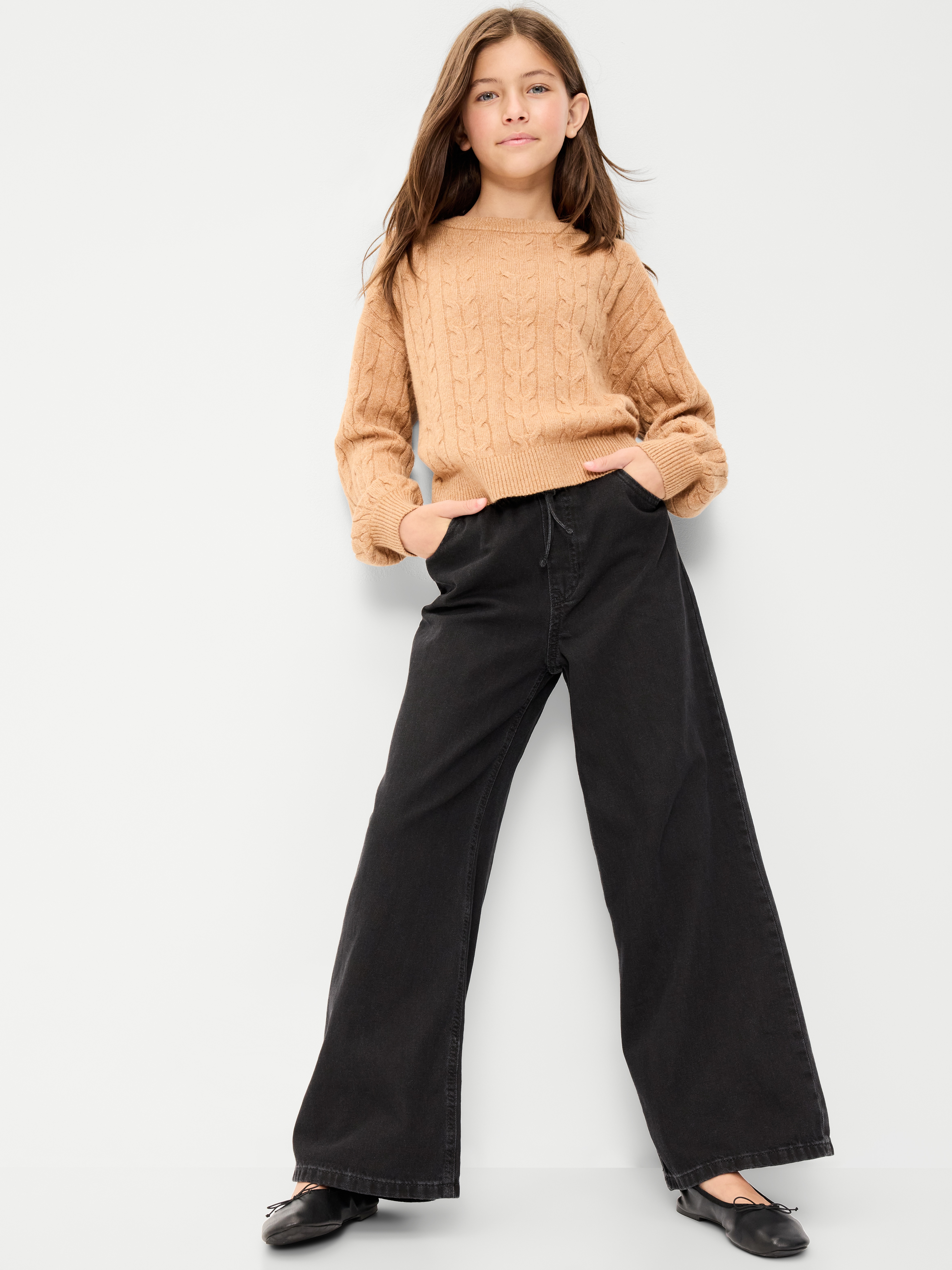 High-Waisted Pull-On Baggy Wide-Leg Jeans for Girls - Black Wash - 3