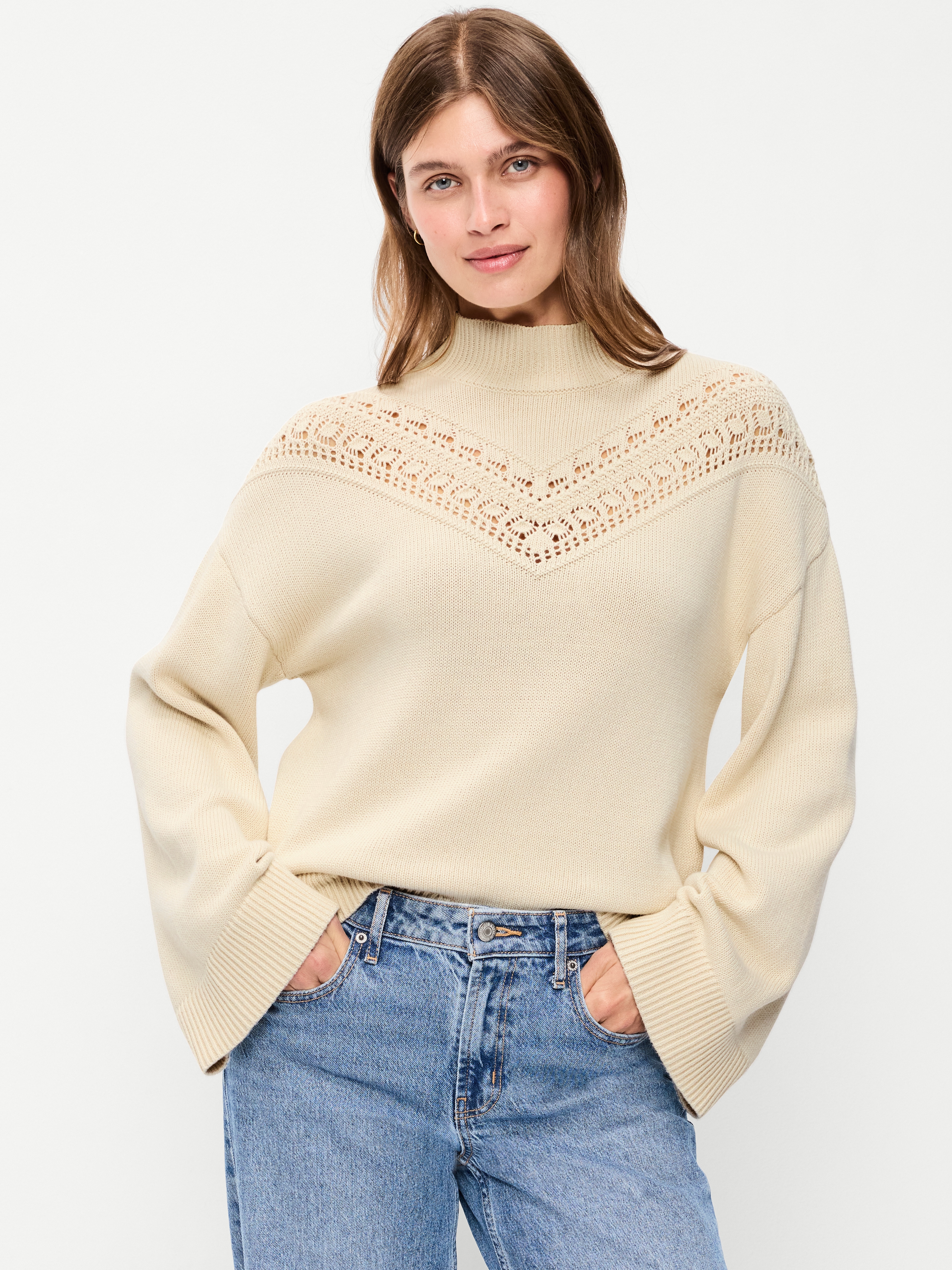 Seaside Cotton Mock-Neck Lace Inset Sweater - Wish Bone - 1