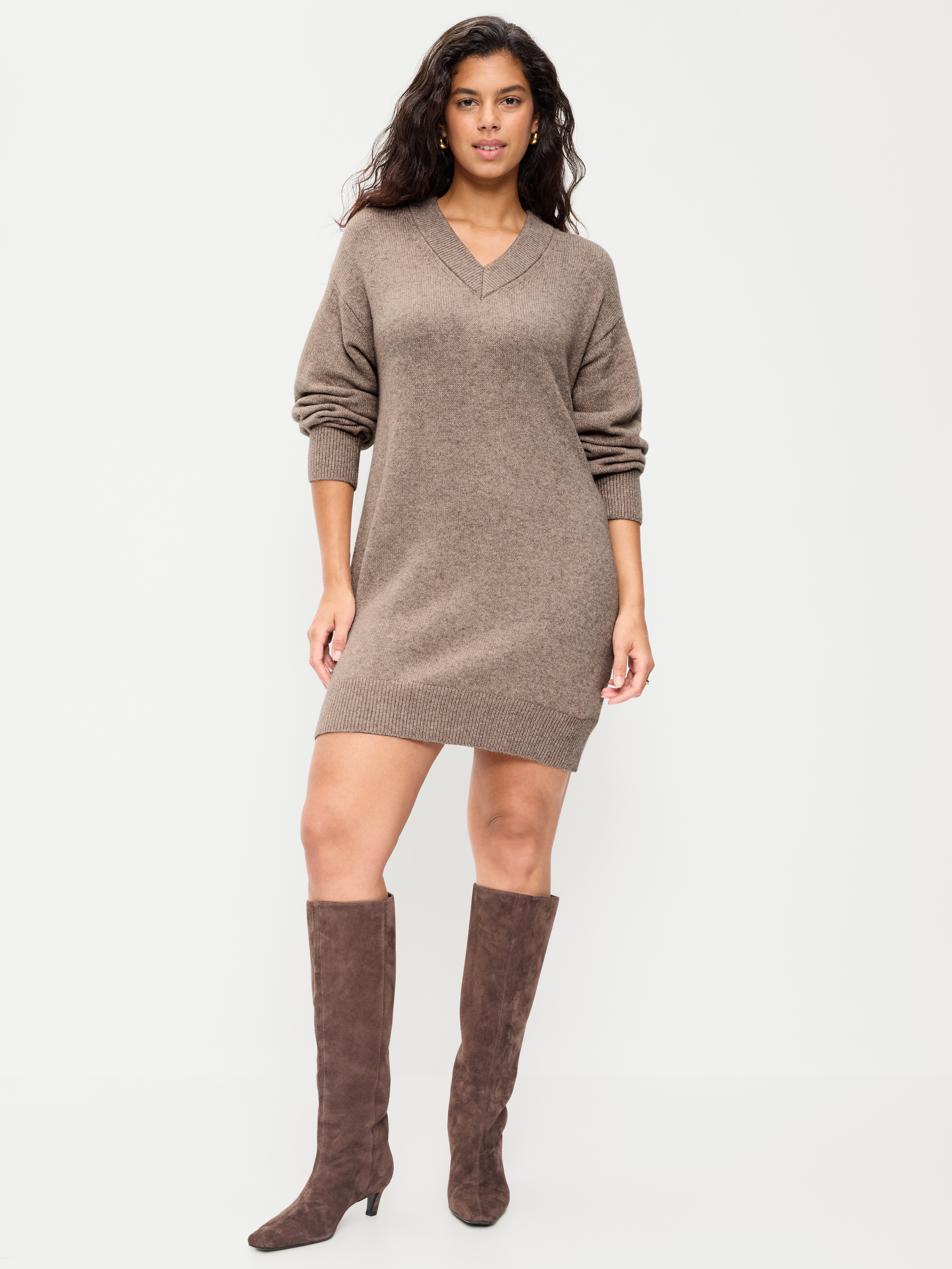 SoSoft Long-Sleeve V-Neck Mini Sweater Dress - Mushroom - 6