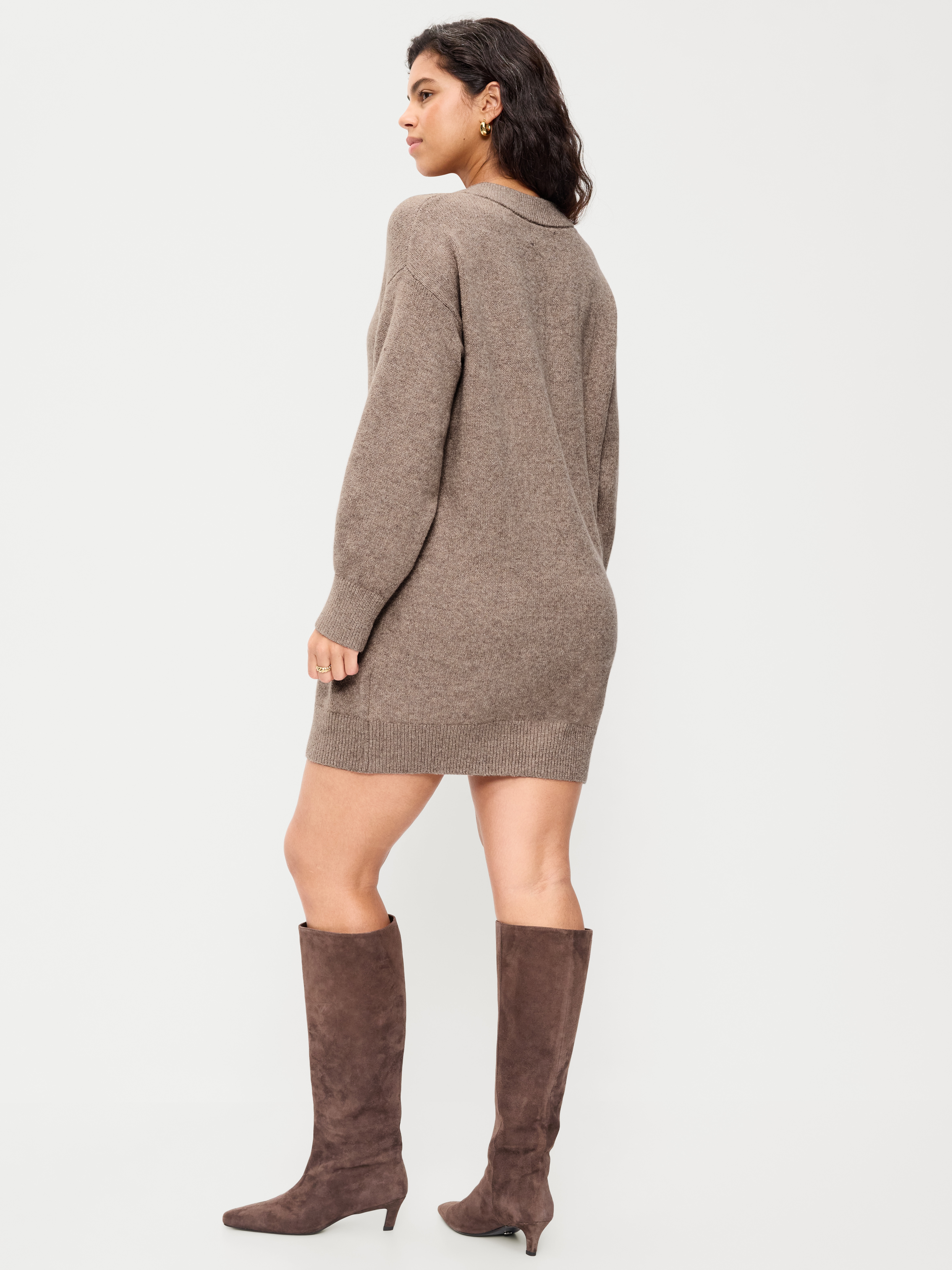 SoSoft Long-Sleeve V-Neck Mini Sweater Dress - Mushroom - 7