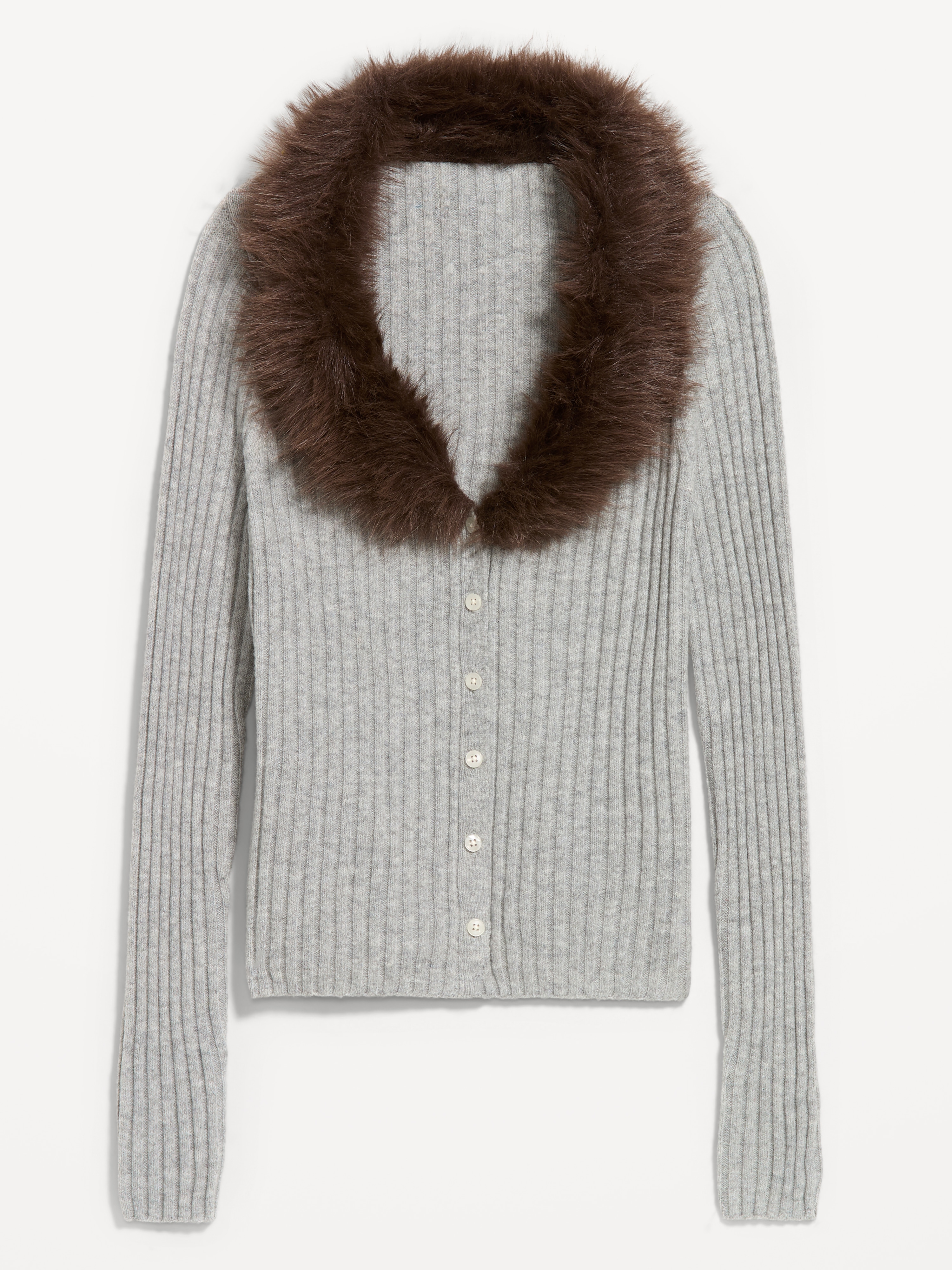 SoSoft Faux-Fur Collar Cardigan - Light Gray - 4