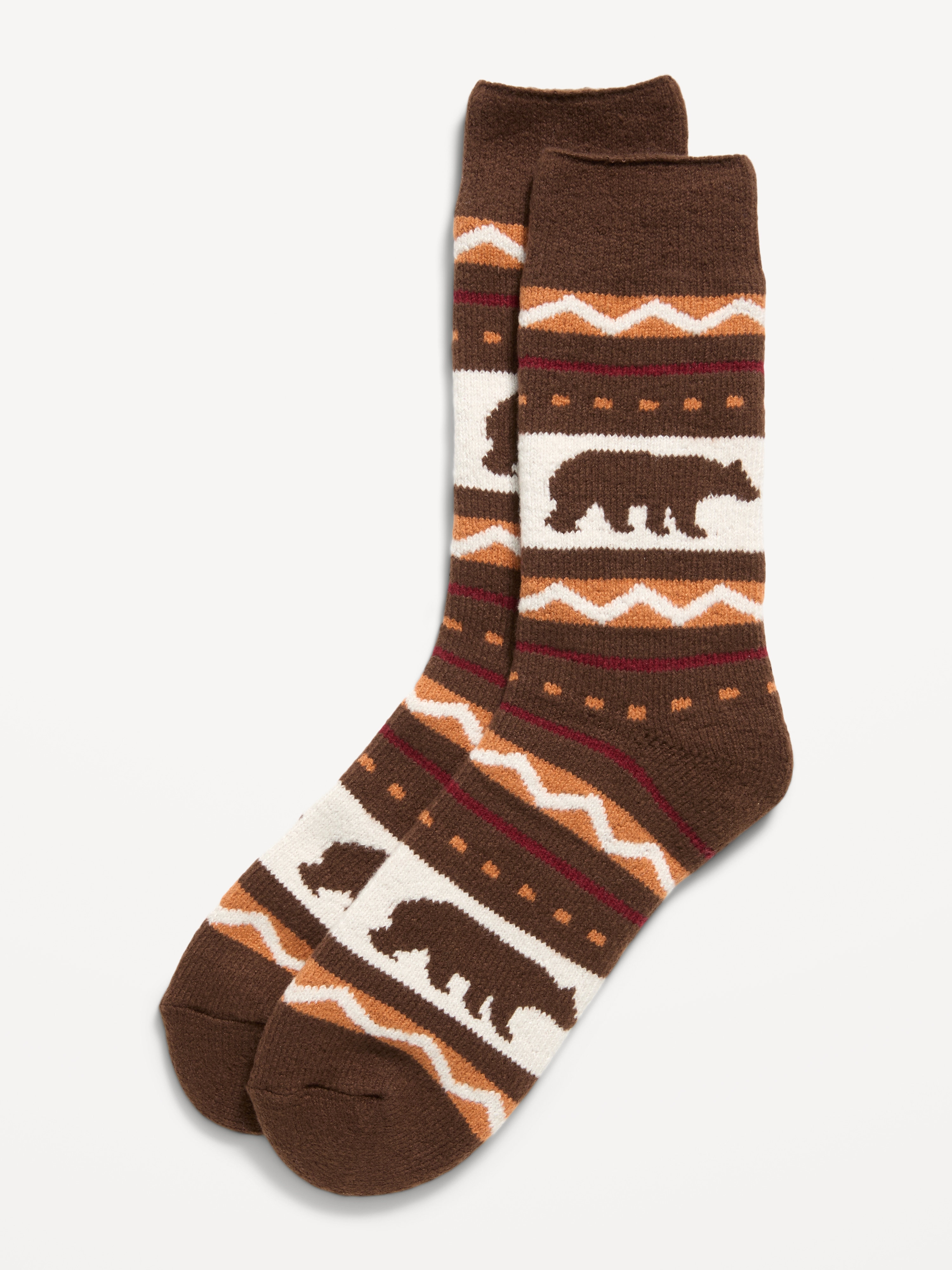 Cozy-Lined Crew Socks for Men - Brown Fair Isle - 1