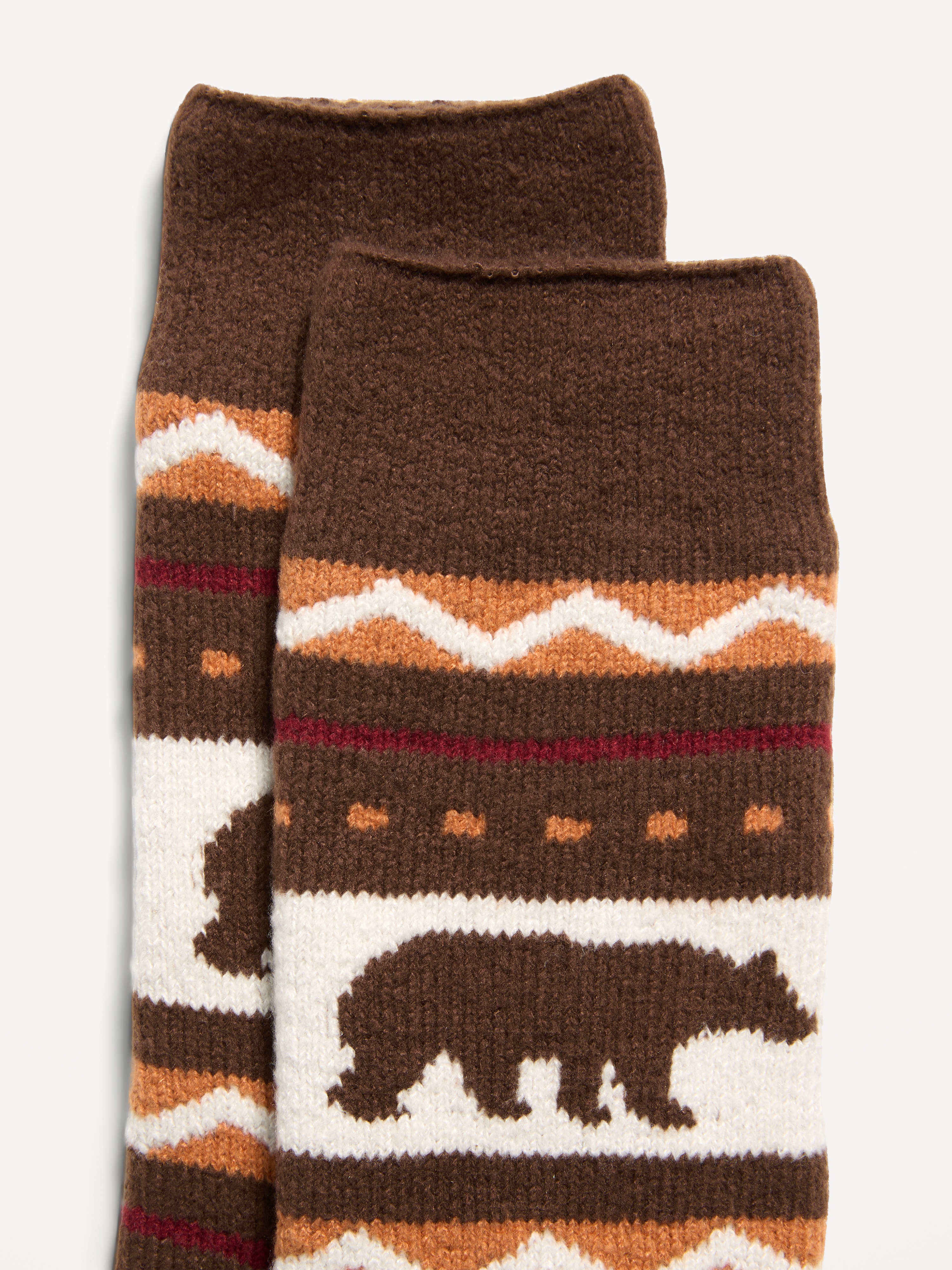 Cozy-Lined Crew Socks for Men - Brown Fair Isle - 2