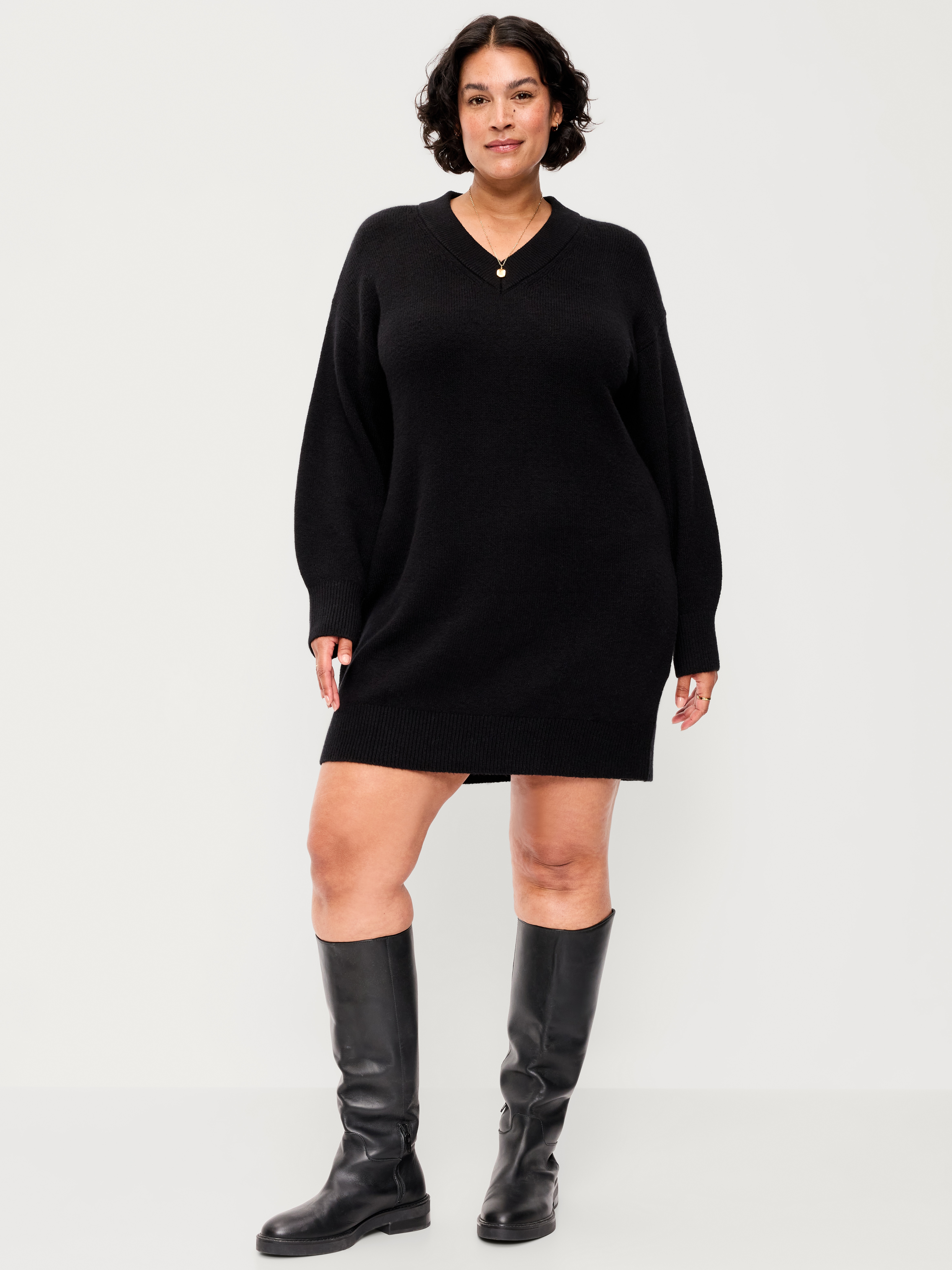SoSoft Long-Sleeve V-Neck Mini Sweater Dress - Black Jack - 8