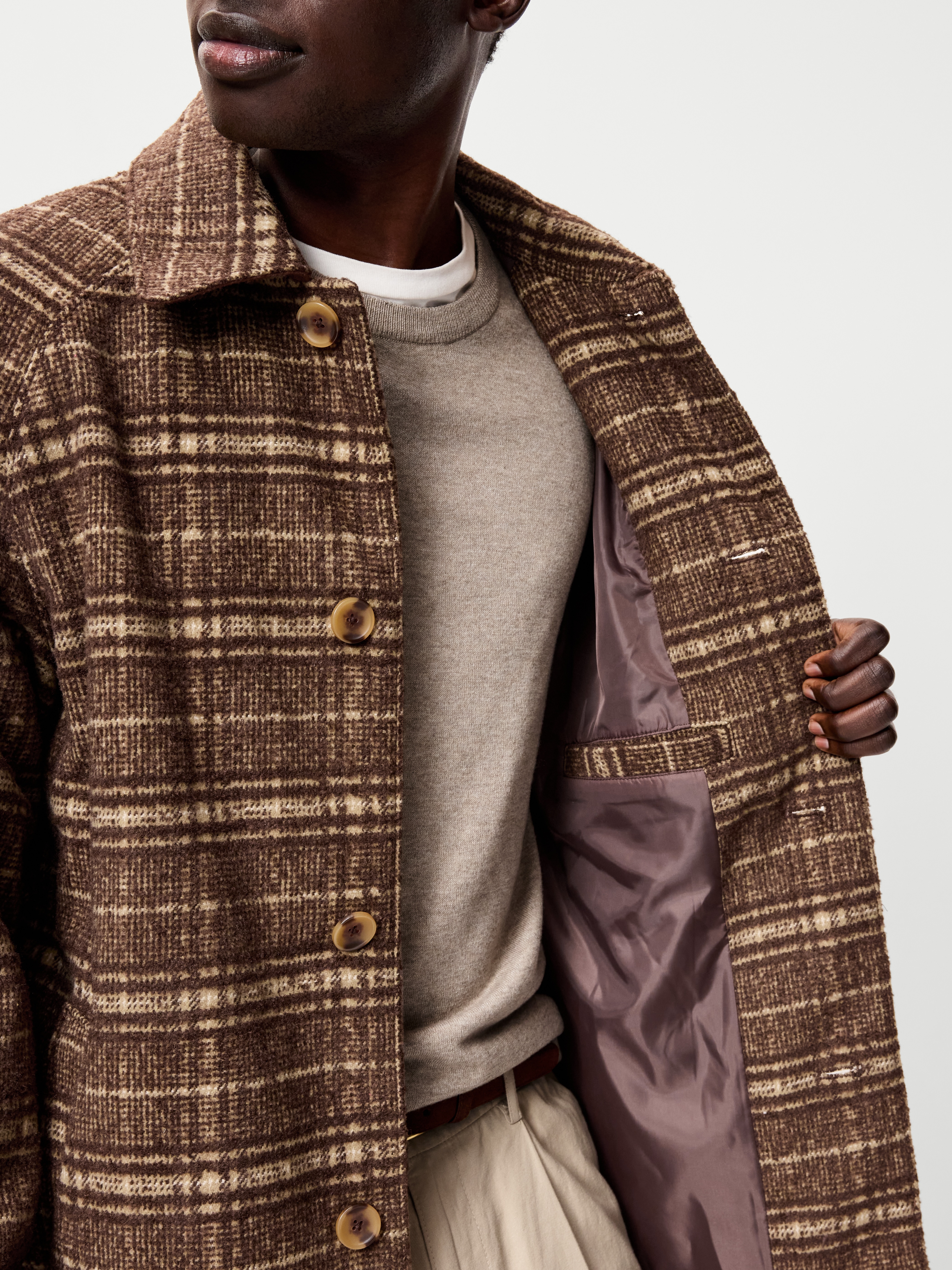 Relaxed Houndstooth Topcoat - Brown Plaid - 5