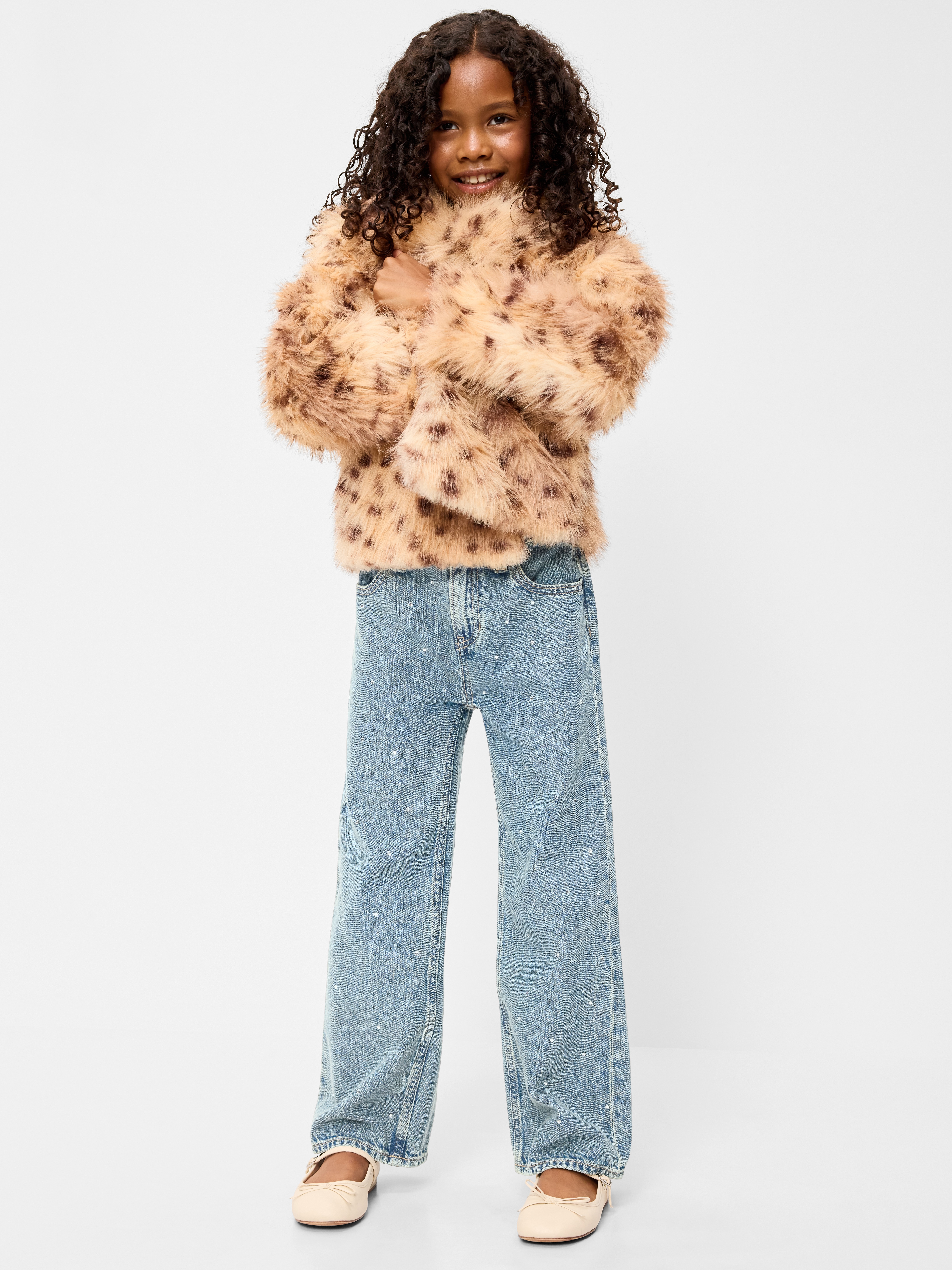 Printed High-Waisted Baggy Wide-Leg Jeans for Girls - Light Wash (Rhinestones) - 3