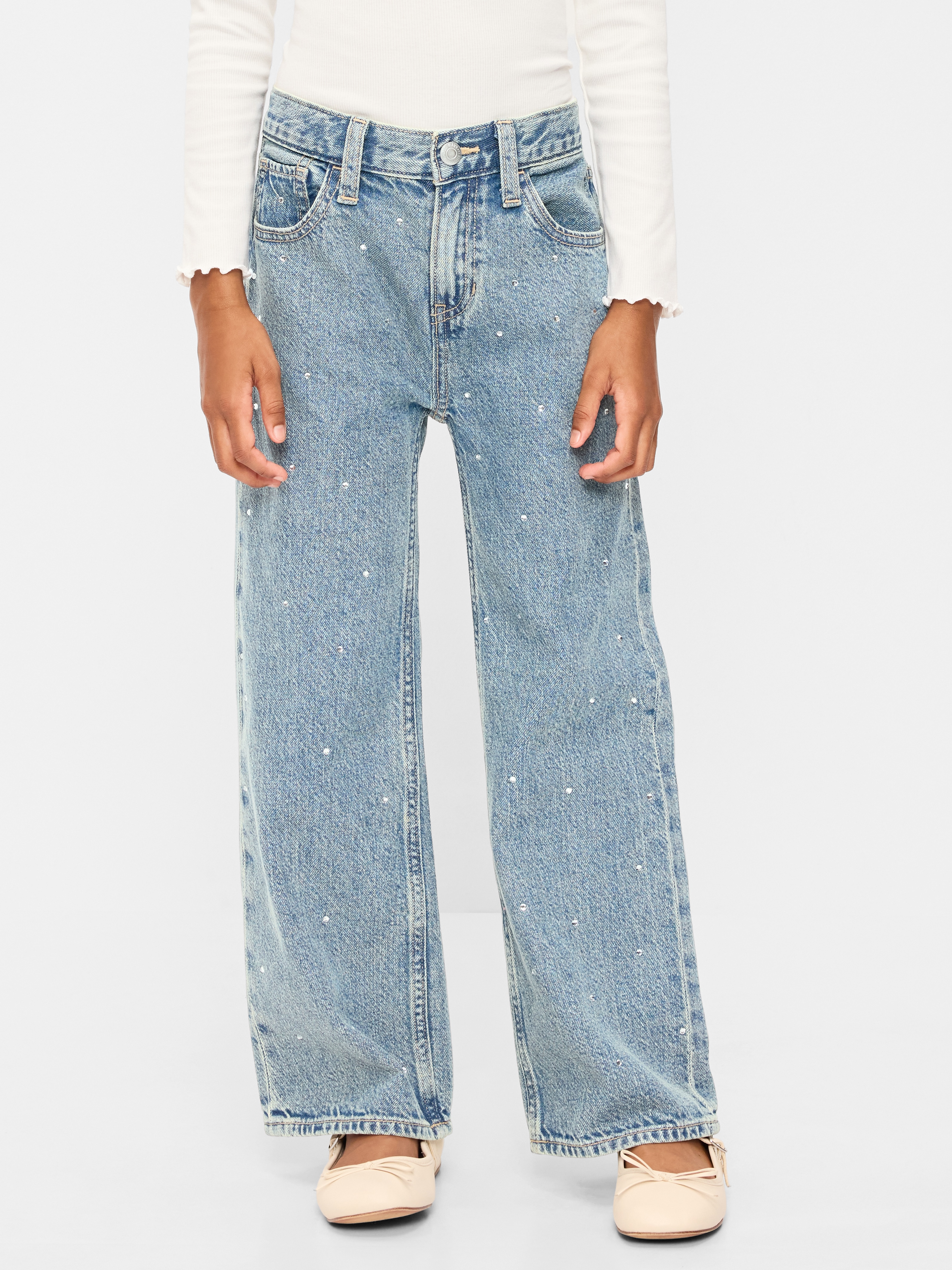 Printed High-Waisted Baggy Wide-Leg Jeans for Girls - Light Wash (Rhinestones) - 1