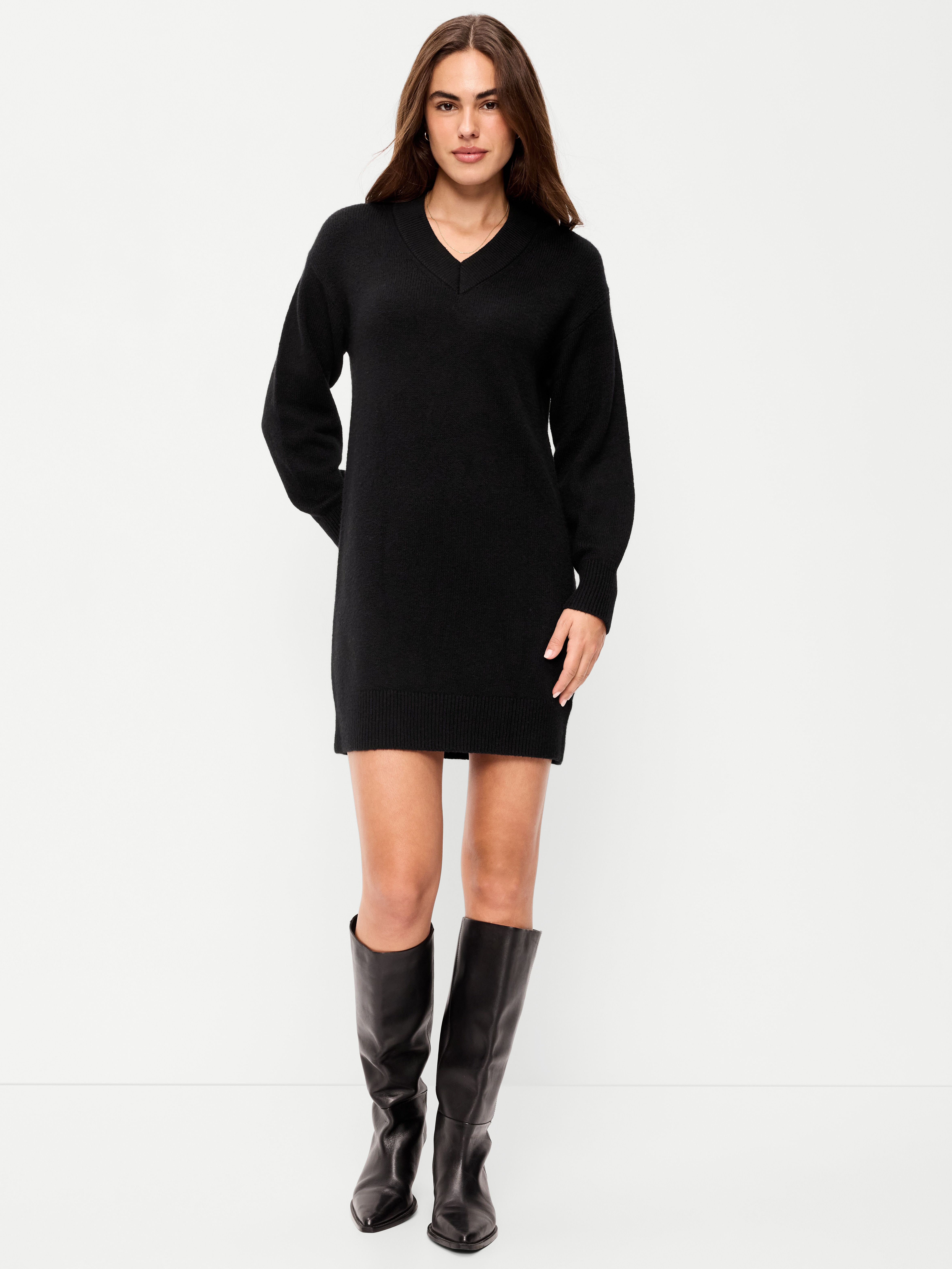 SoSoft Long-Sleeve V-Neck Mini Sweater Dress - Black Jack - 1