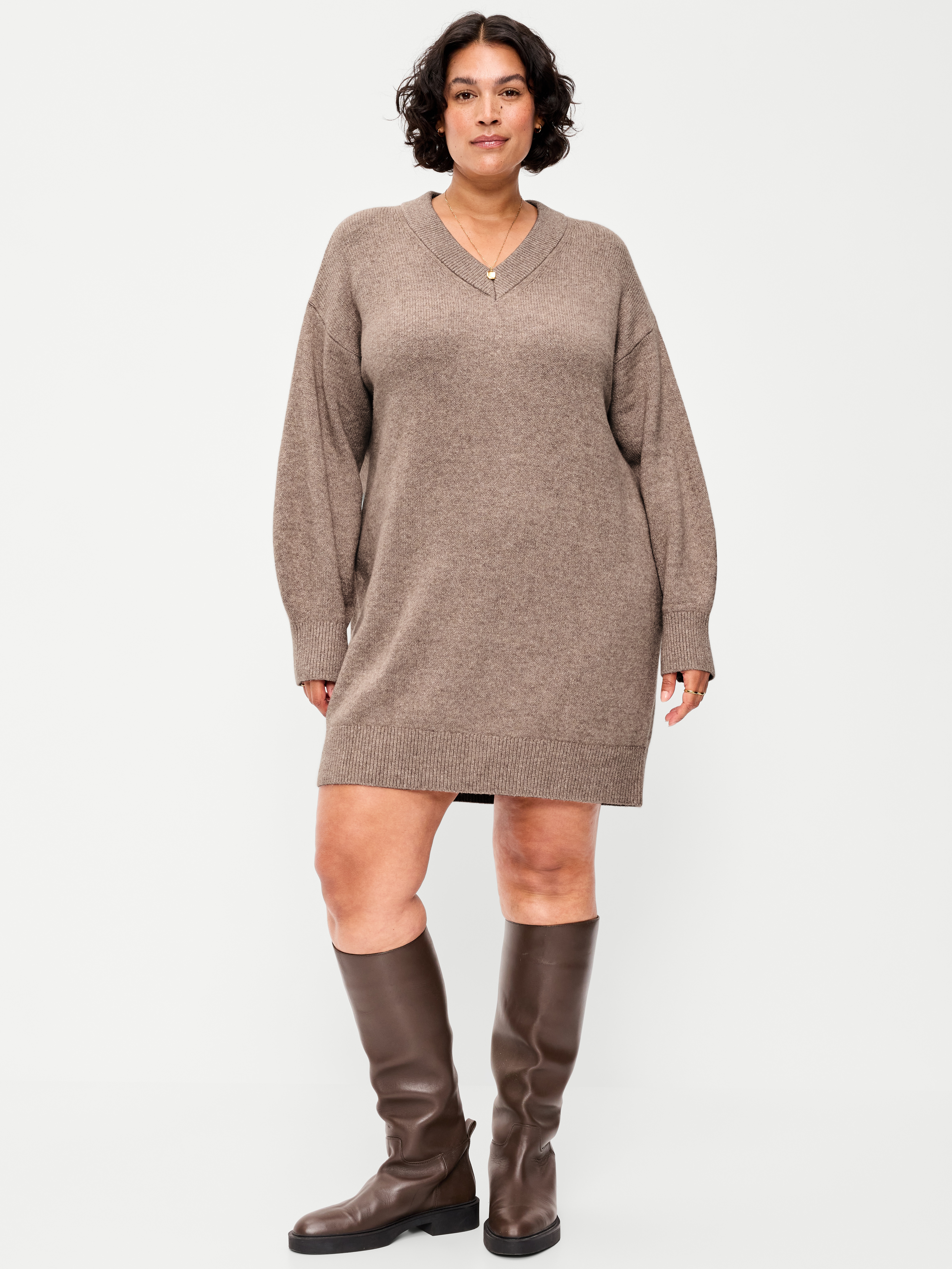 SoSoft Long-Sleeve V-Neck Mini Sweater Dress - Mushroom - 8