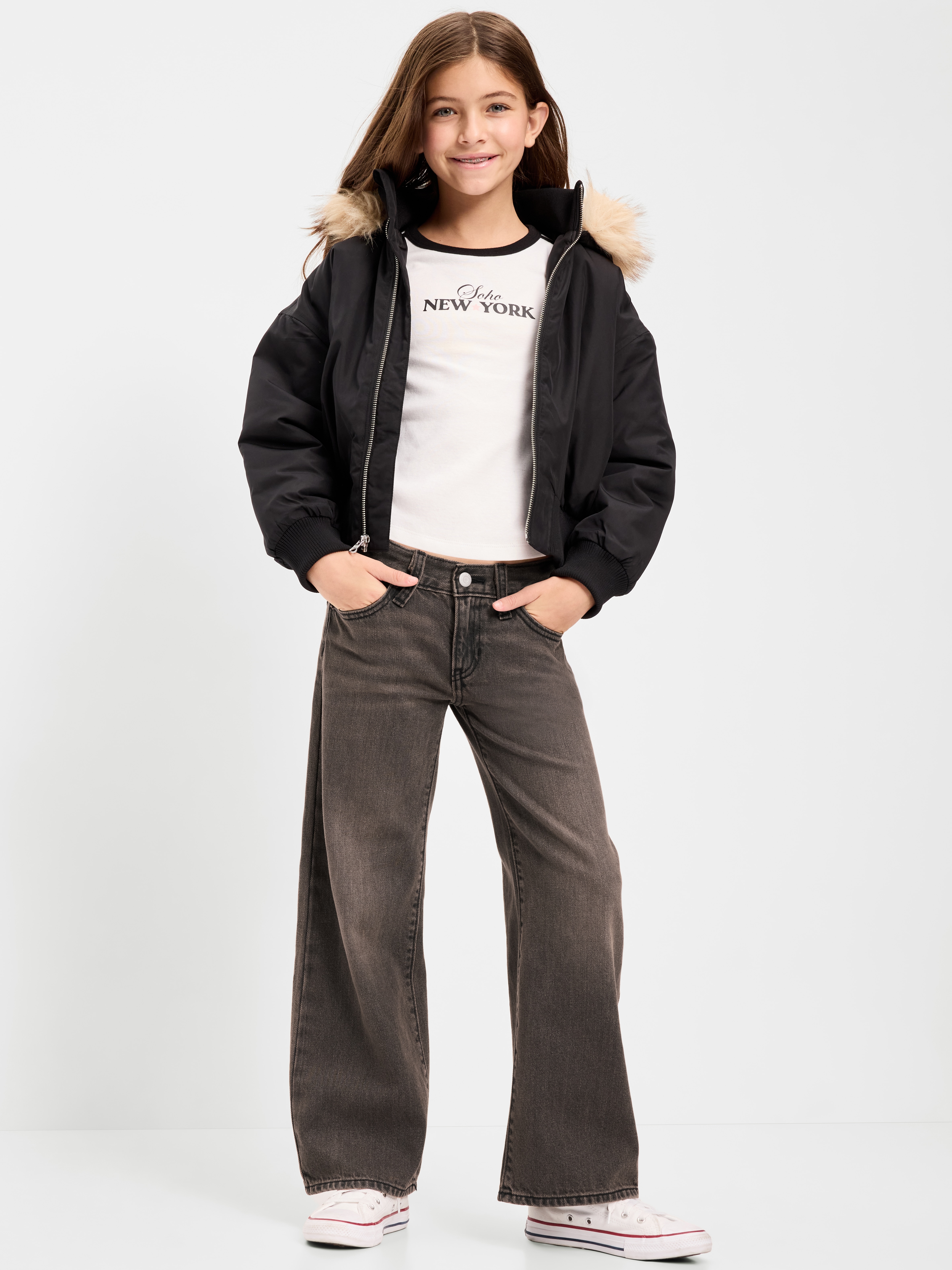 Low-Rise Baggy Wide-Leg Jeans for Girls - Deep Brown - 1