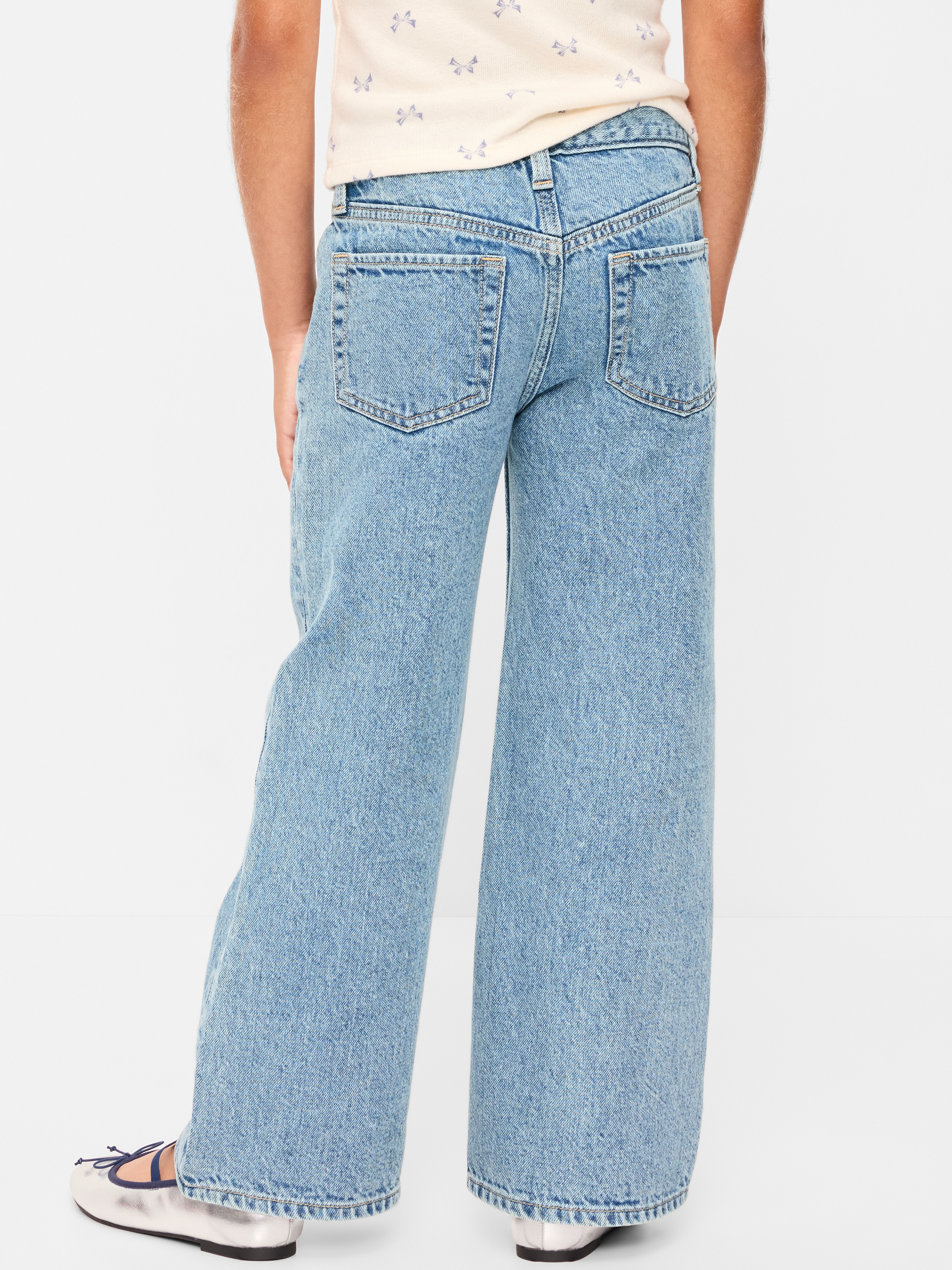 Printed High-Waisted Baggy Wide-Leg Jeans for Girls - Light Wash (Shiny Bows) - 2