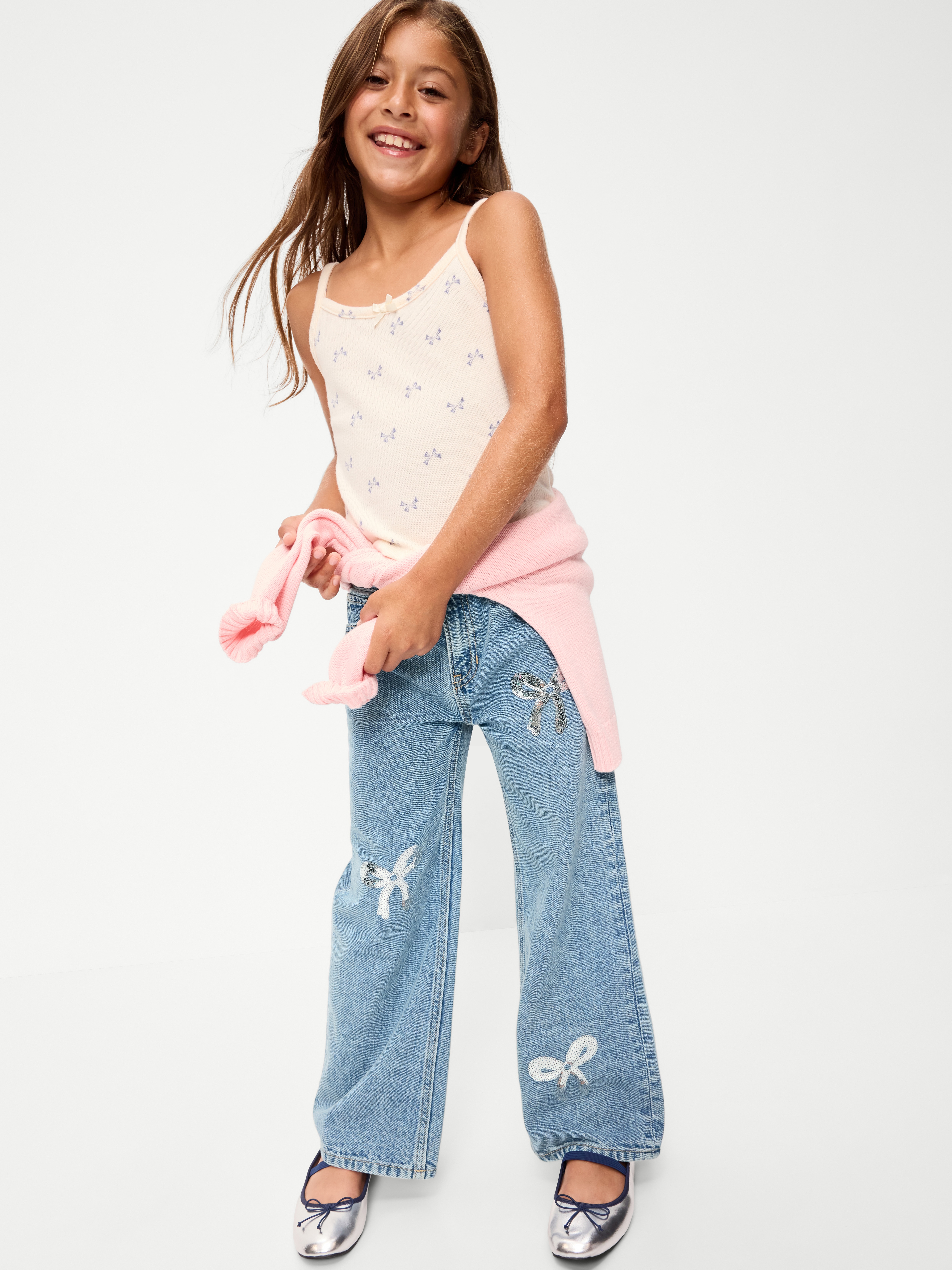 Printed High-Waisted Baggy Wide-Leg Jeans for Girls - Light Wash (Shiny Bows) - 3
