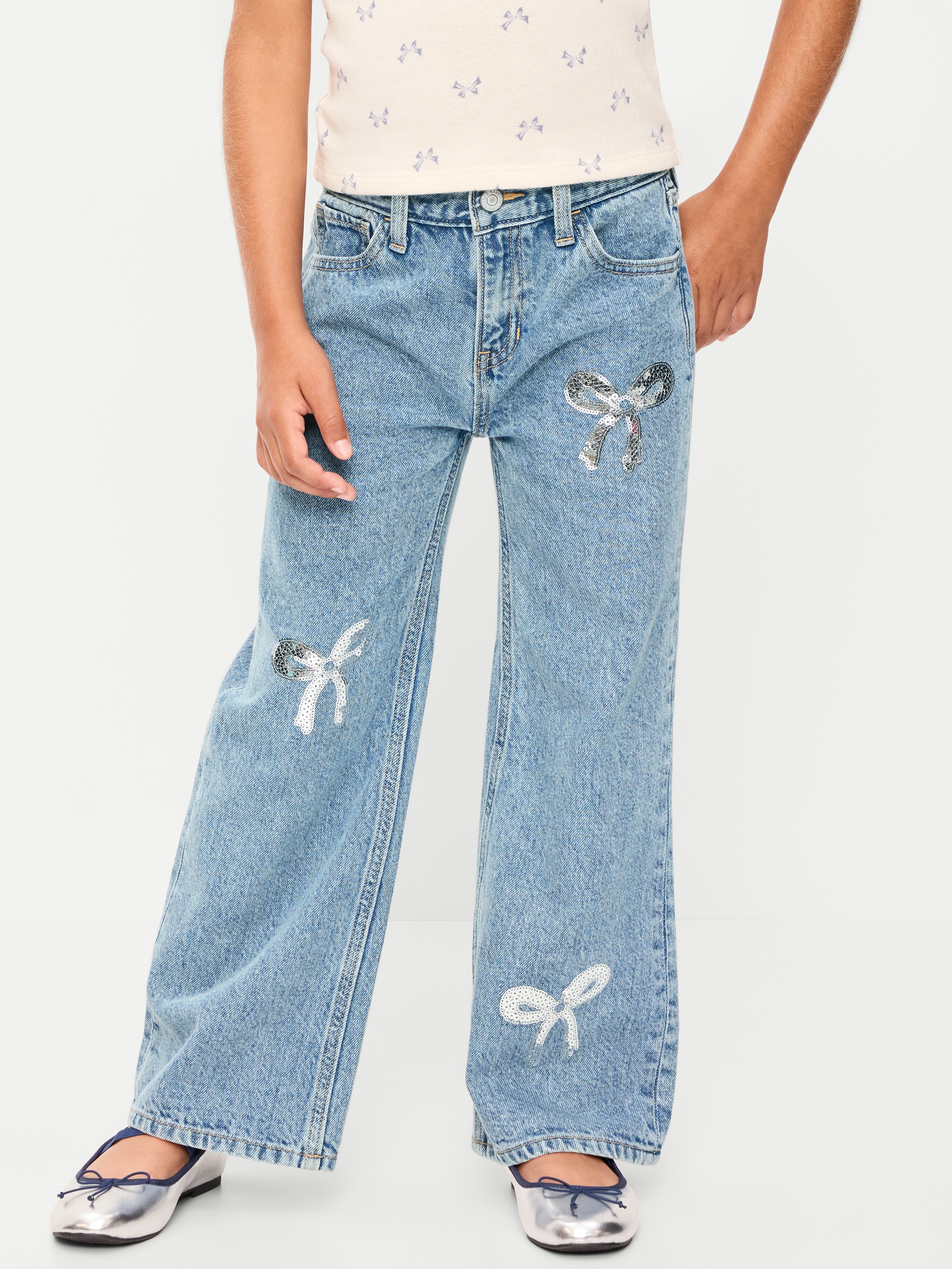 Printed High-Waisted Baggy Wide-Leg Jeans for Girls - Light Wash (Shiny Bows) - 1