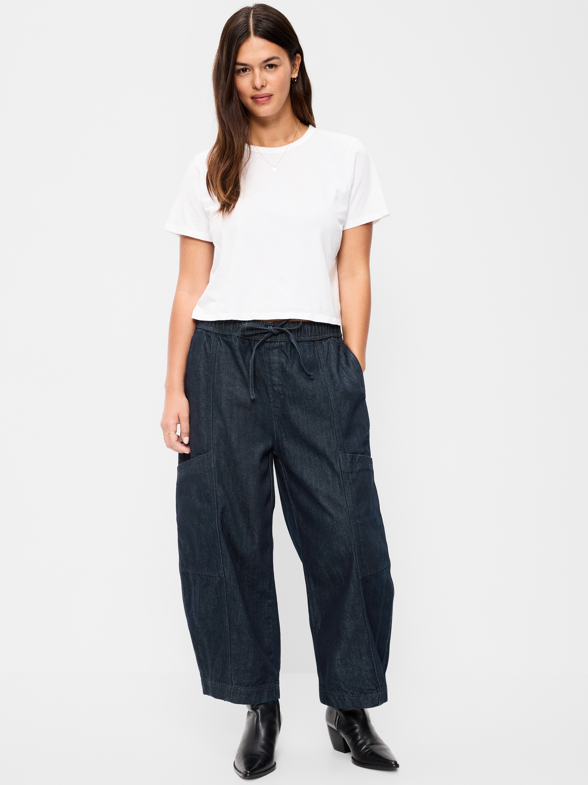 Mid-Rise Barrel-Leg Utility Pants - Dark Wash - 5