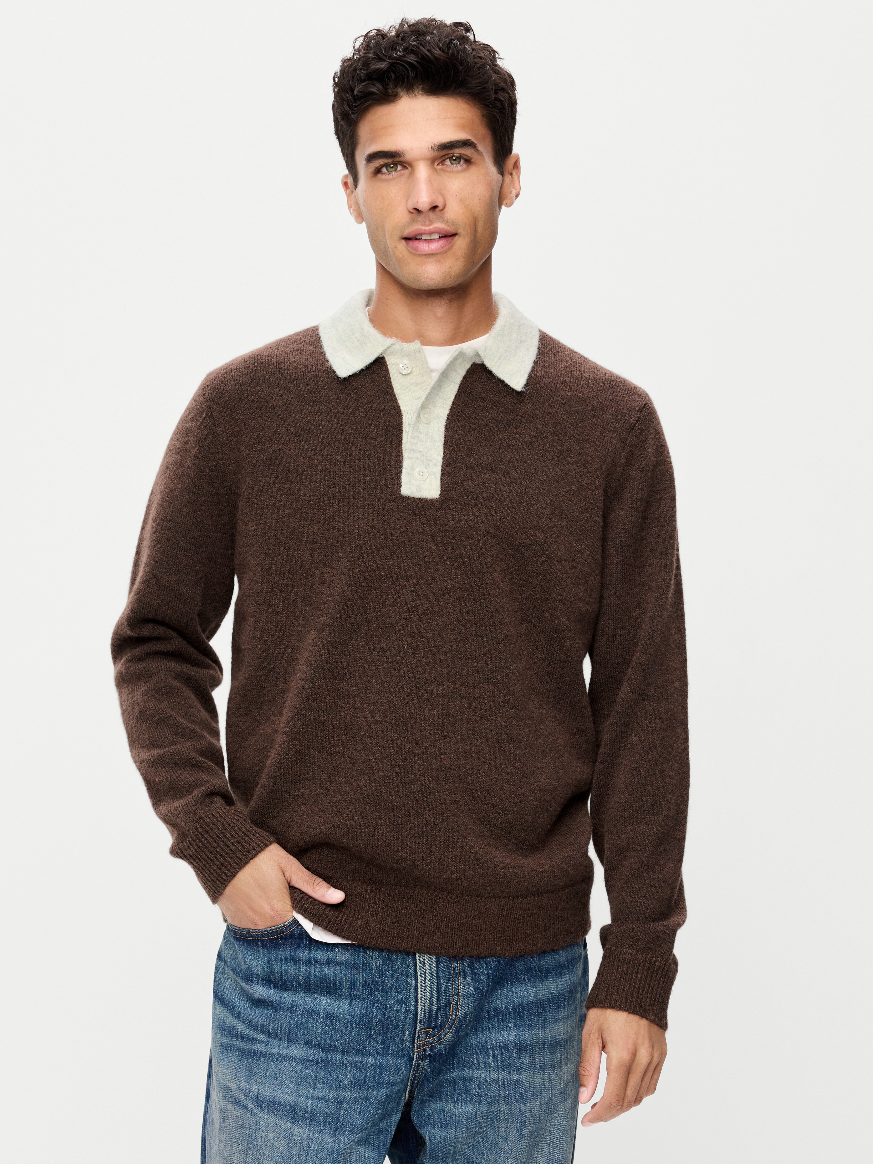 Long-Sleeve Wool-Blend Polo Sweater - Peppercorn - 1
