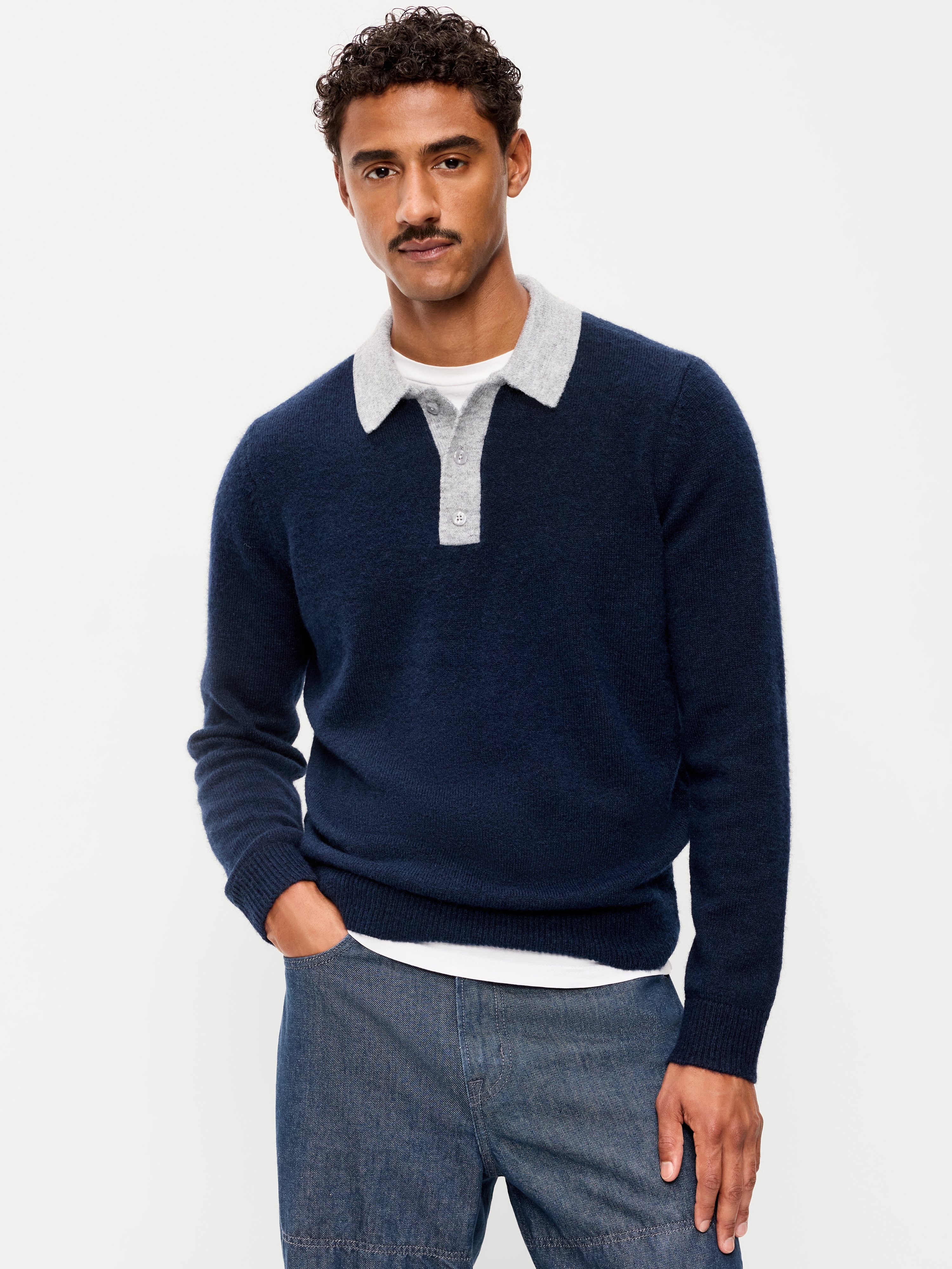 Long-Sleeve Wool-Blend Polo Sweater - In the Navy - 2