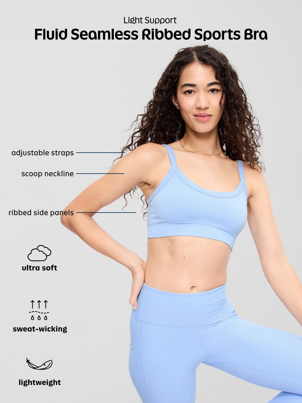 Light Support Fluid Seamless Ribbed Sports Bra - Wish Bone - 9