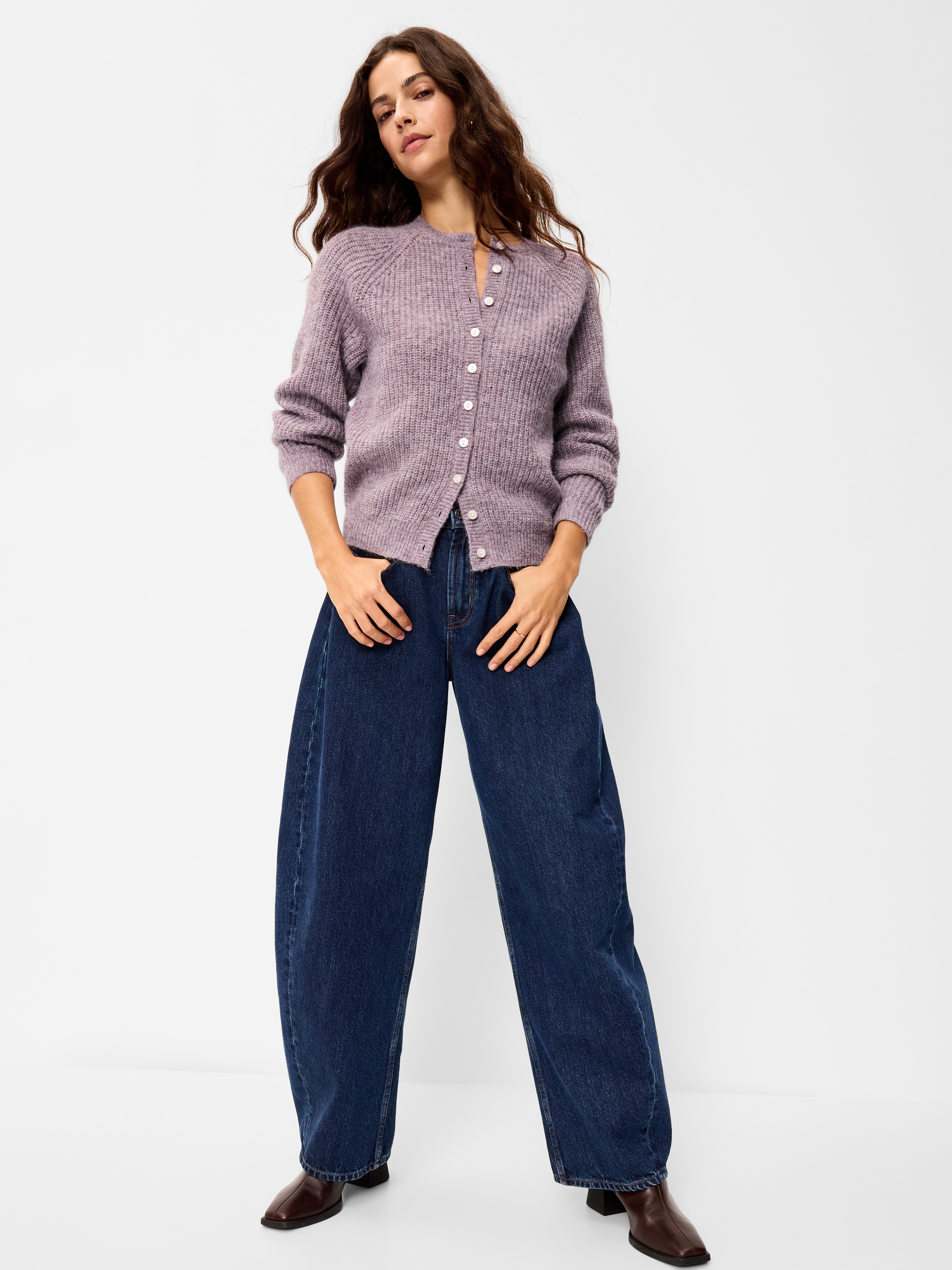 Cozy Crew-Neck Wool-Blend Cardigan - Rose Dawn - 3