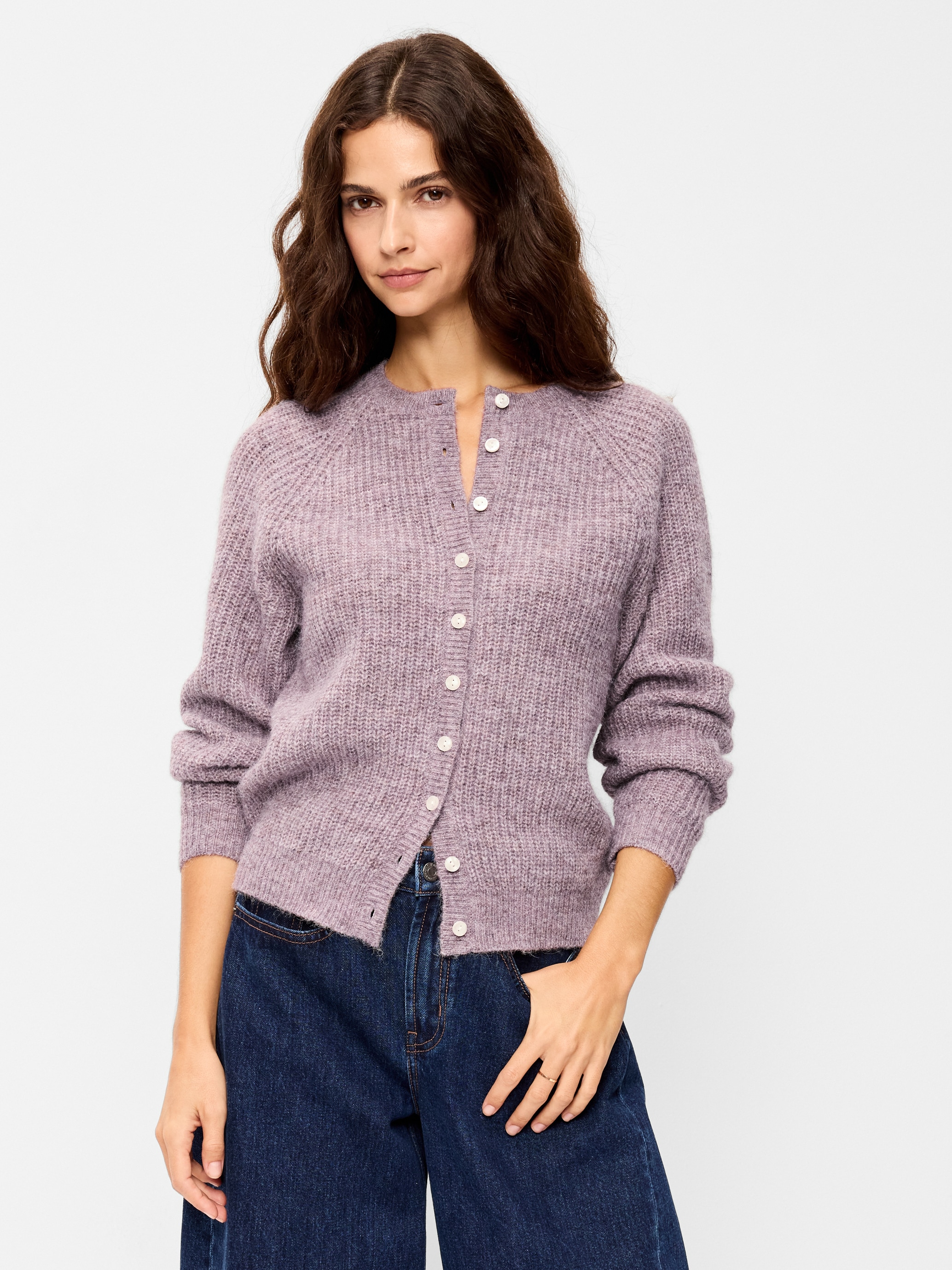 Cozy Crew-Neck Wool-Blend Cardigan - Rose Dawn - 1