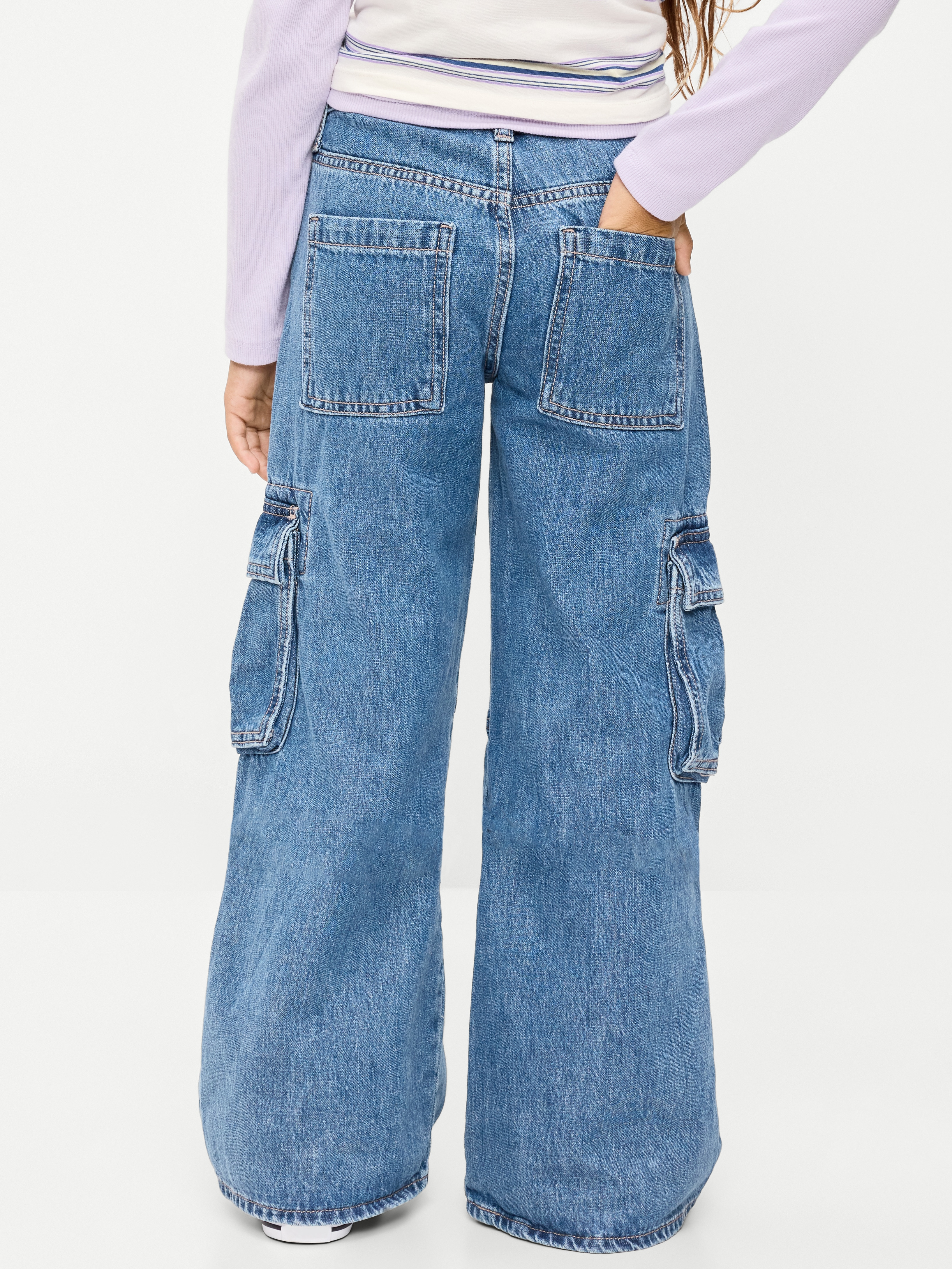 High-Waisted Super Baggy Wide-Leg Cargo Jeans for Girls - Medium Wash - 3