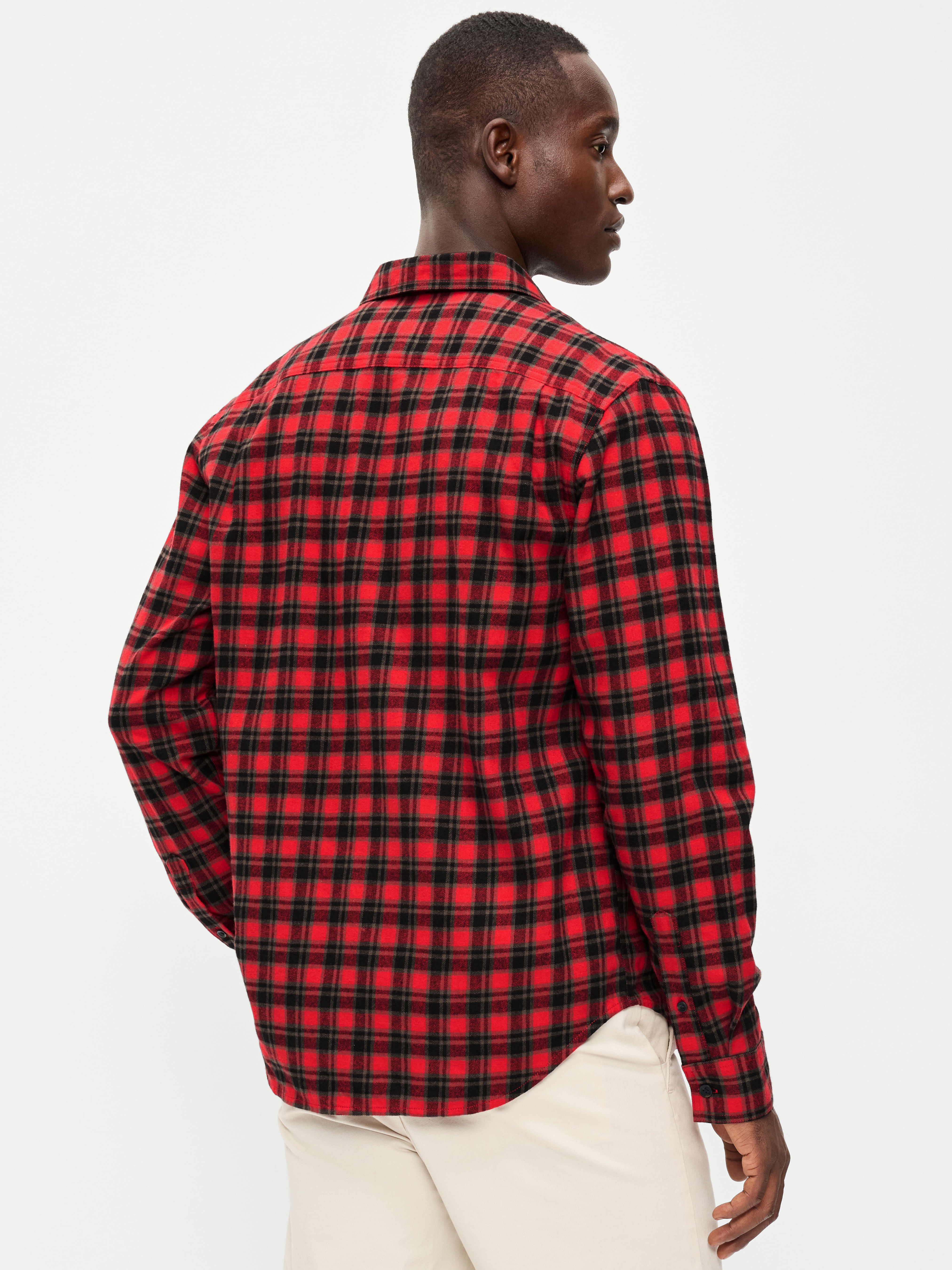 Relaxed Long-Sleeve Flannel Pocket Shirt - Red Plaid - 2