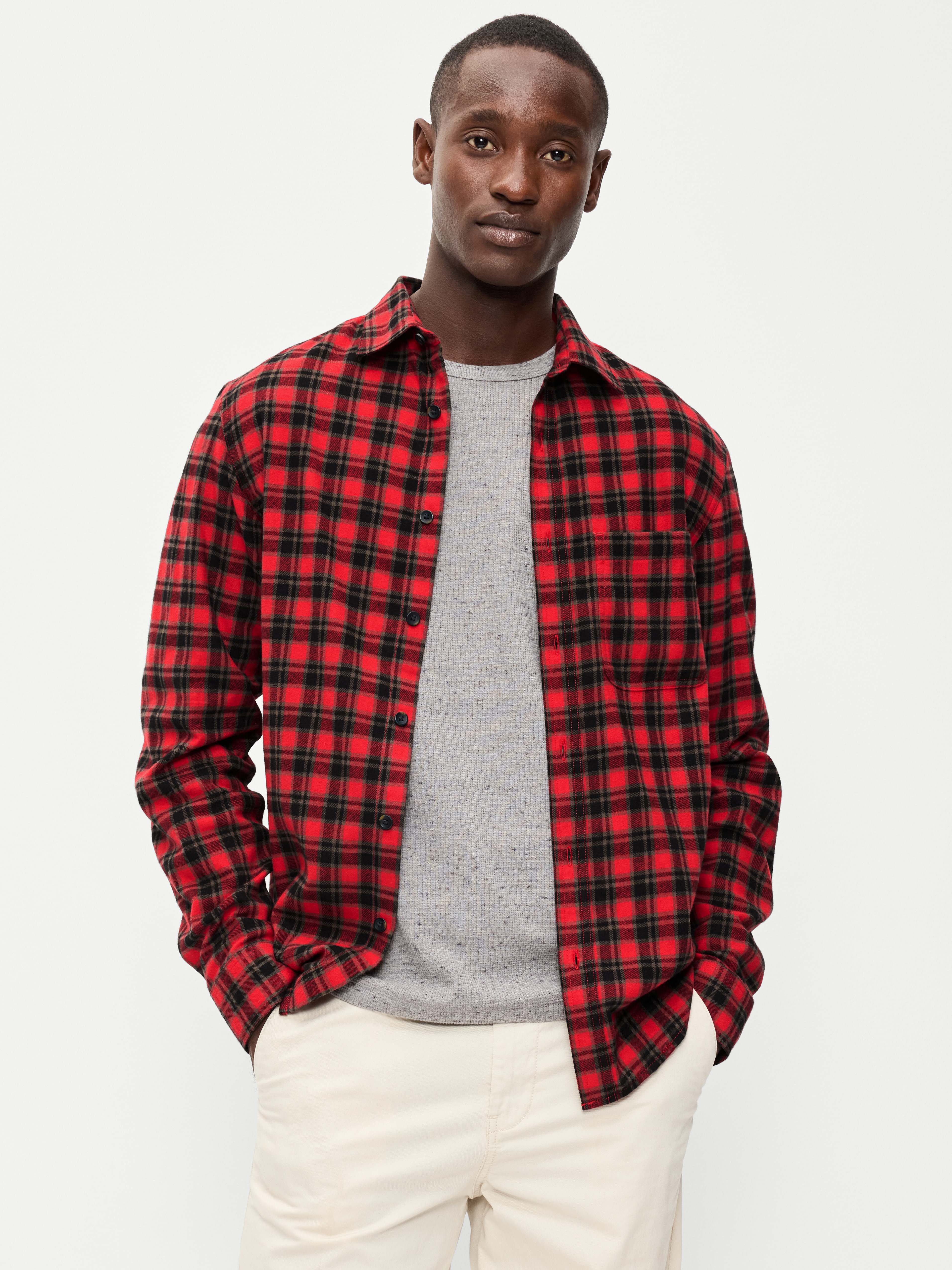 Relaxed Long-Sleeve Flannel Pocket Shirt - Red Plaid - 1