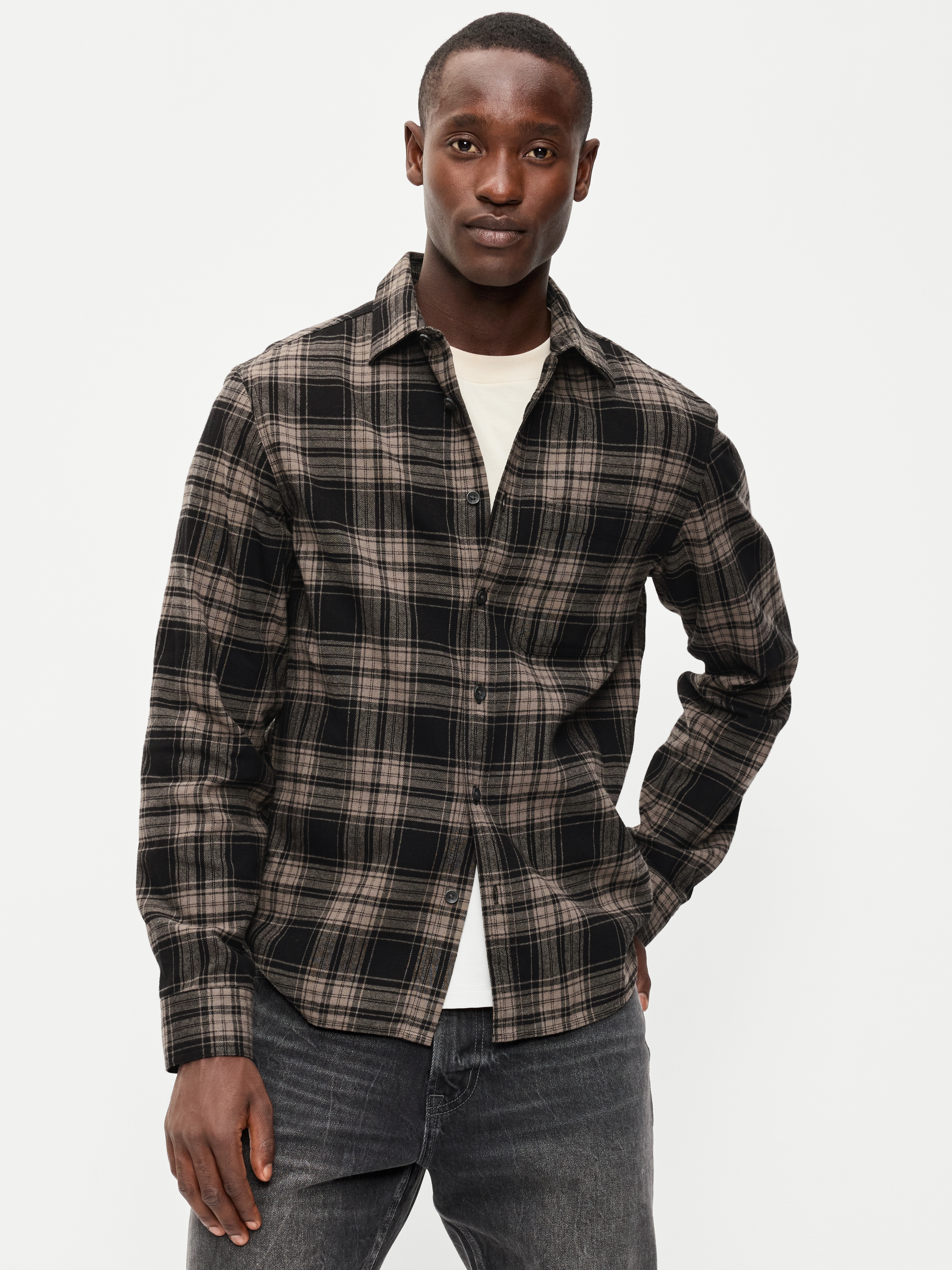 Relaxed Long-Sleeve Flannel Pocket Shirt - Black Plaid - 1