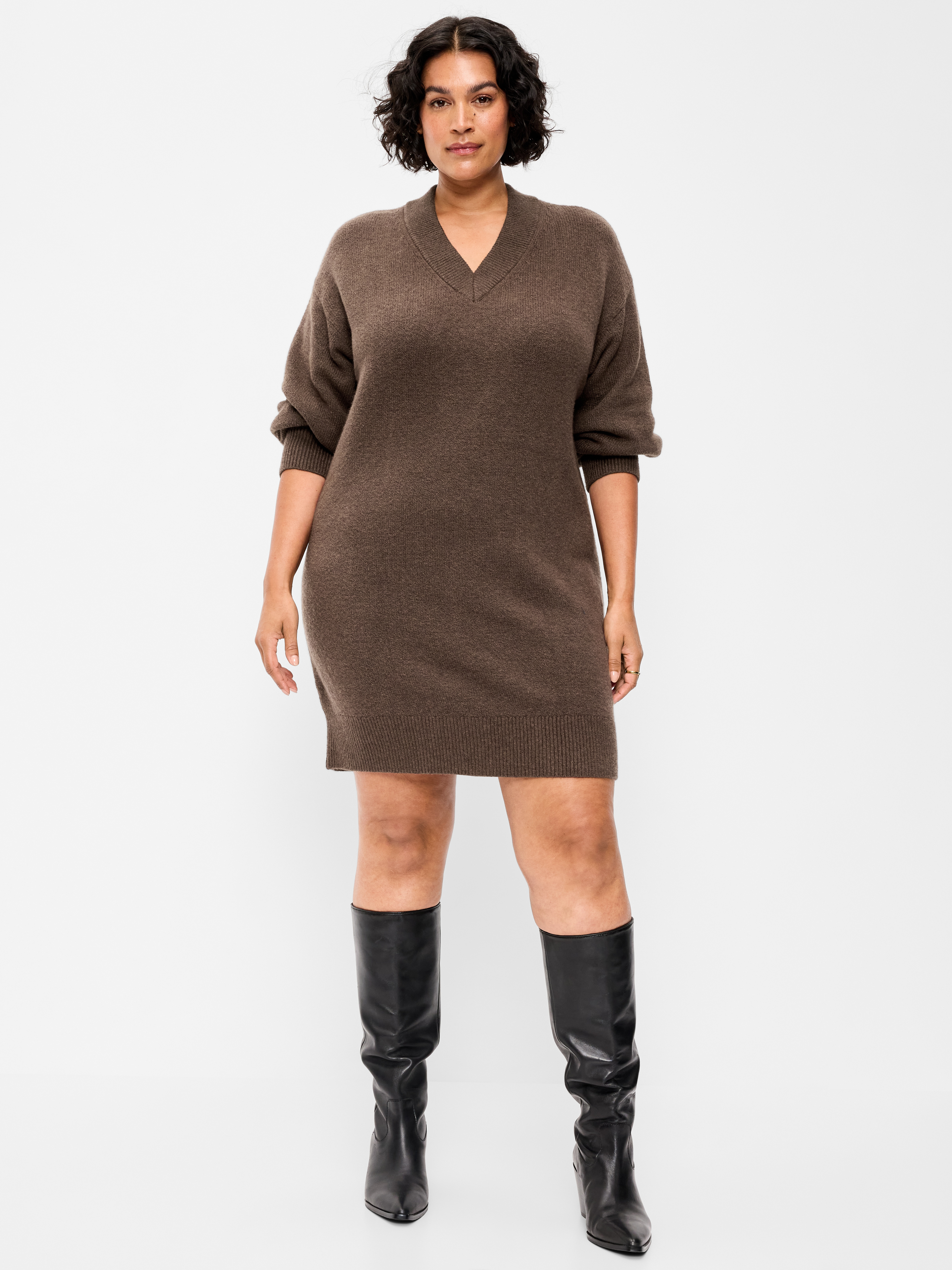 SoSoft Long-Sleeve V-Neck Mini Sweater Dress - Earthen - 8