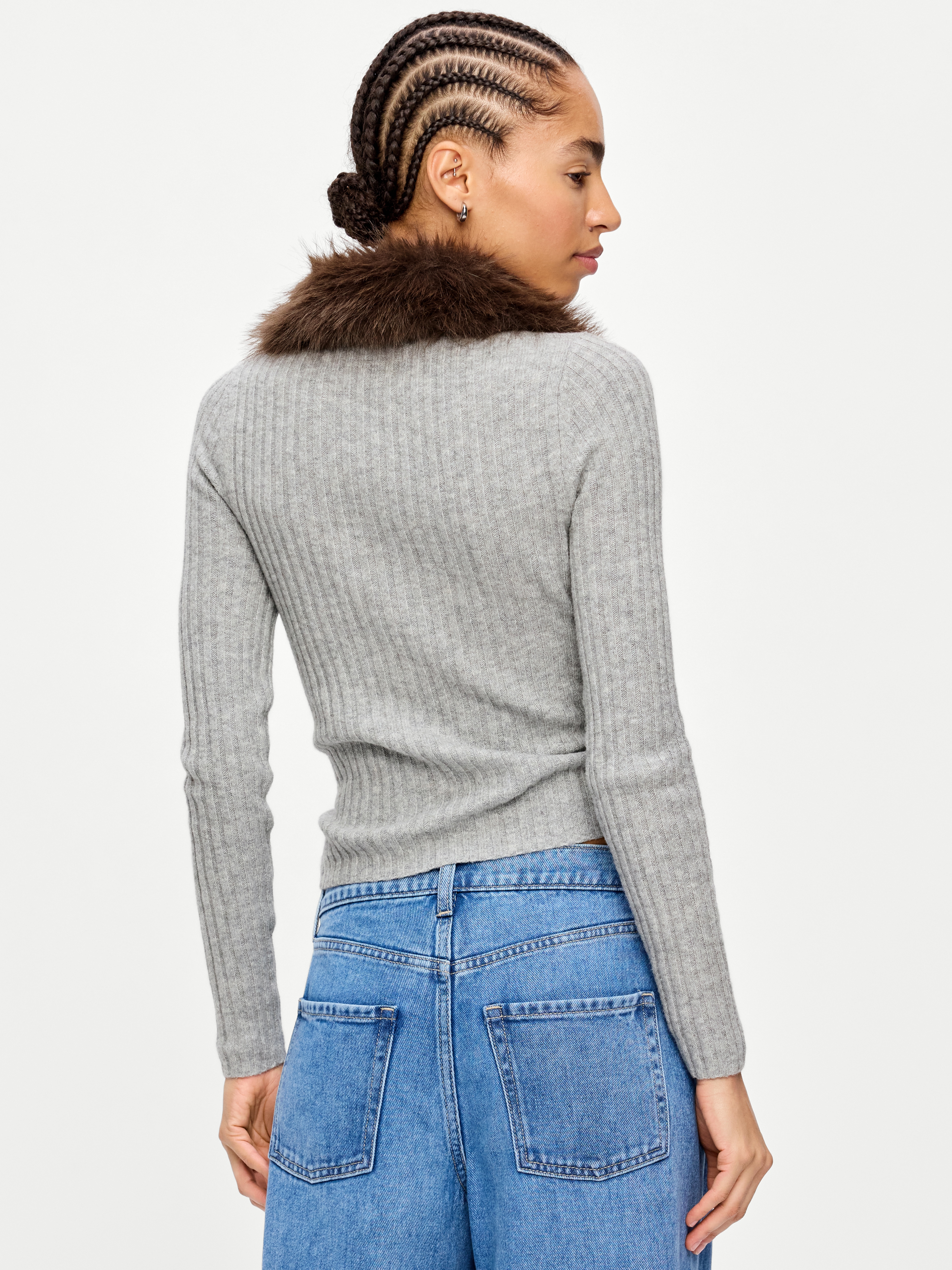 SoSoft Faux-Fur Collar Cardigan - Light Gray - 2