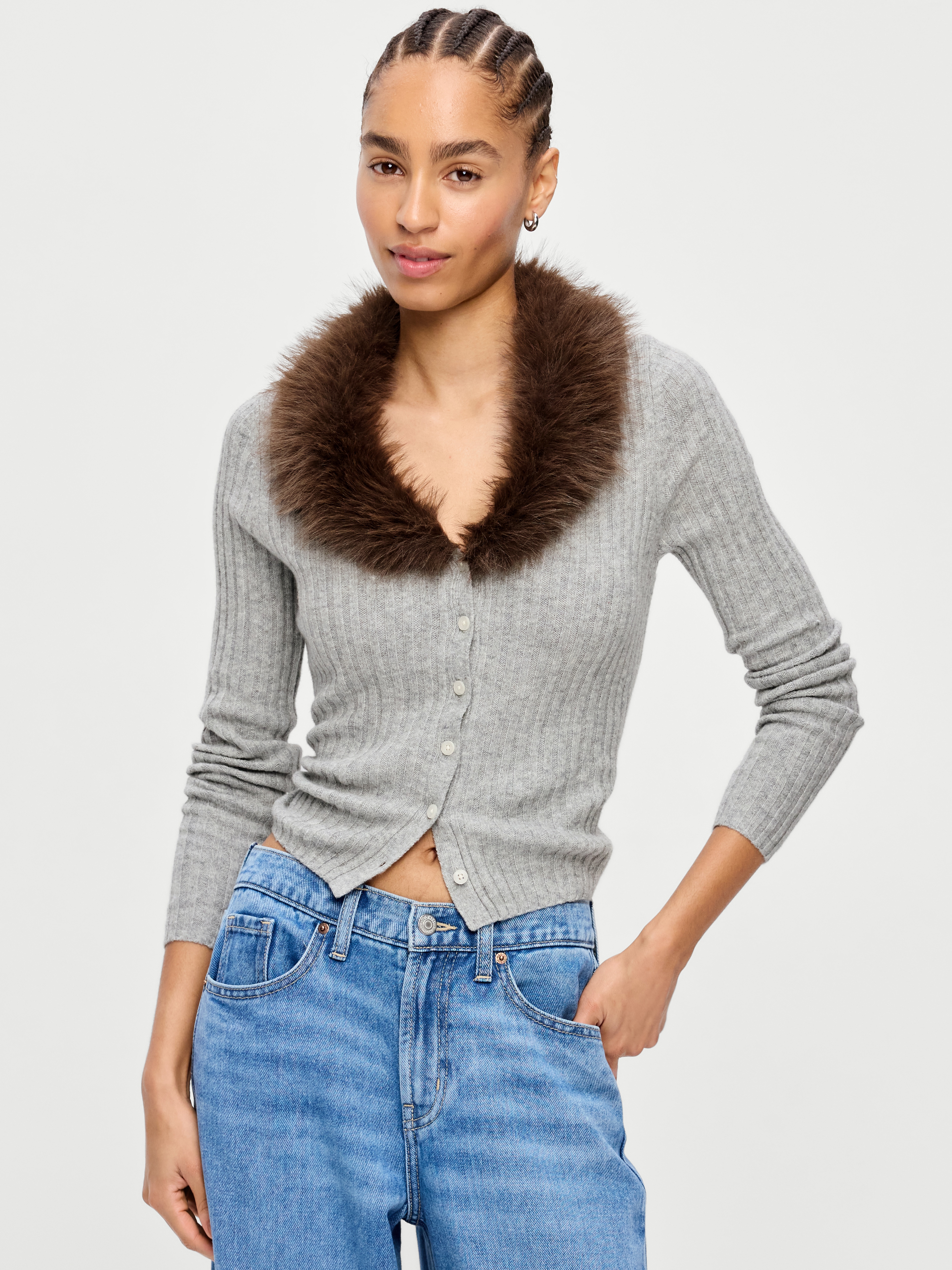 SoSoft Faux-Fur Collar Cardigan - Light Gray - 1