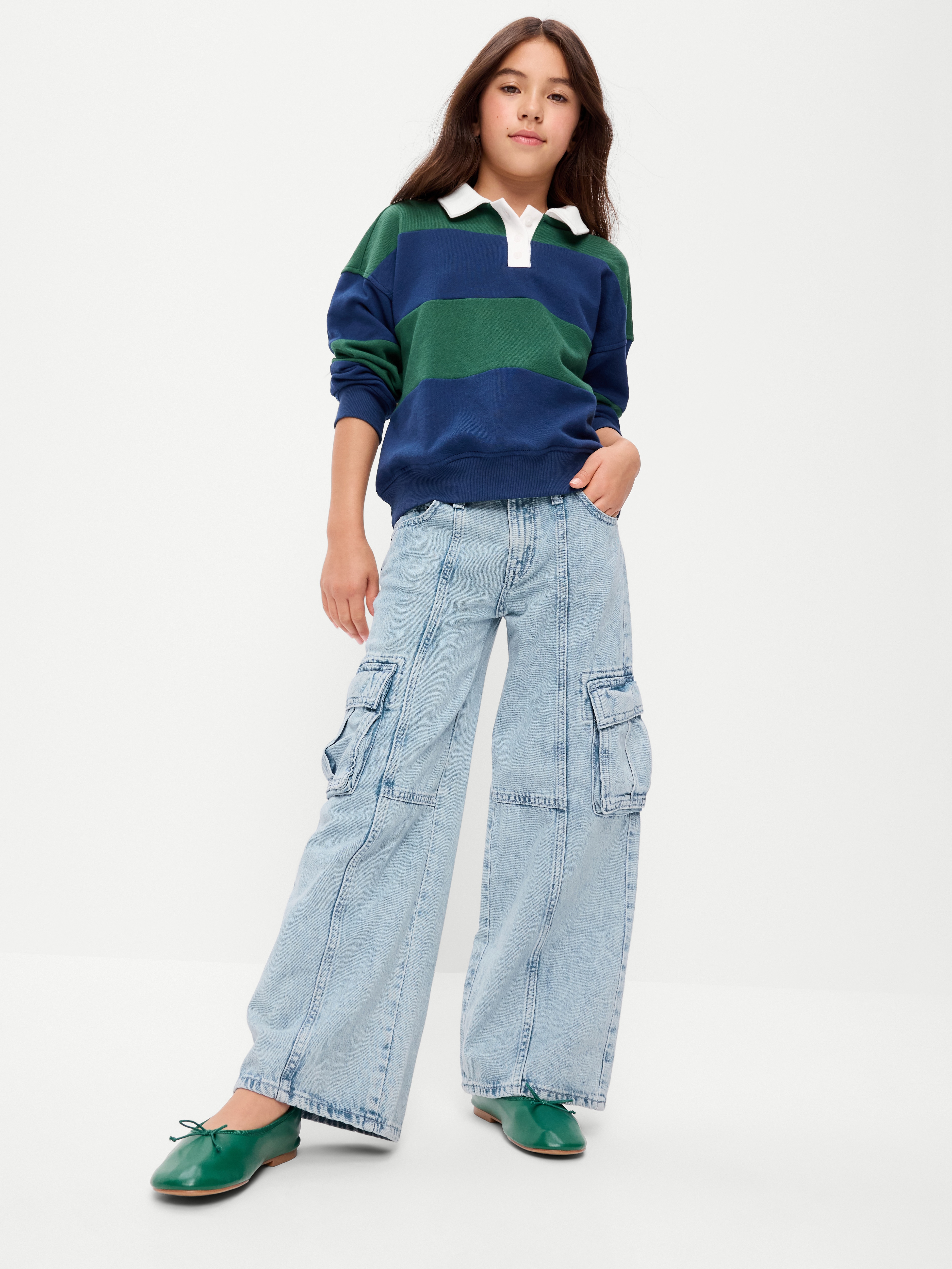 High-Waisted Super Baggy Wide-Leg Cargo Jeans for Girls - Star (Light Wash) - 2
