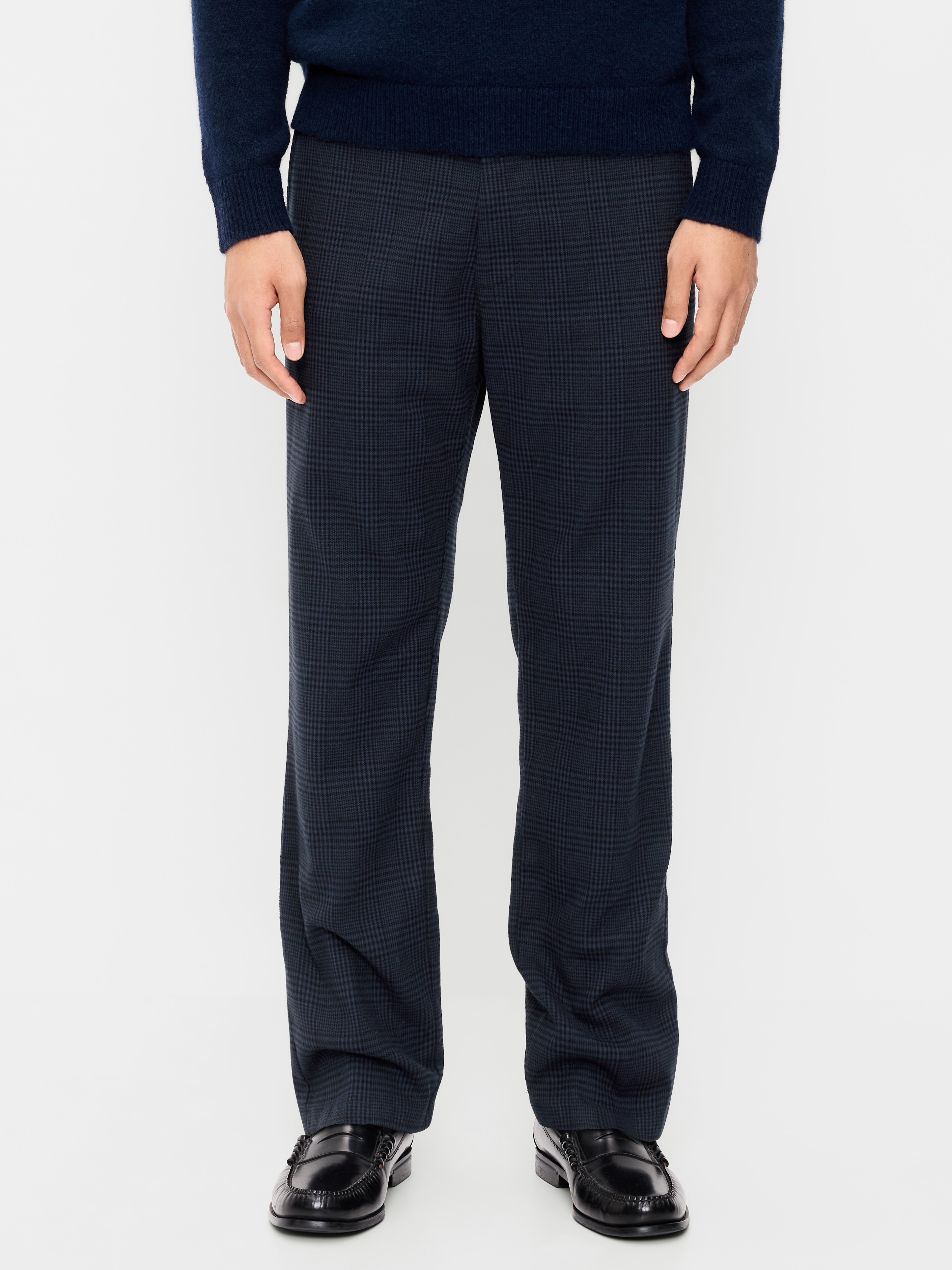 90s Straight-Fit Textured Twill Pants - Navy Plaid - 2