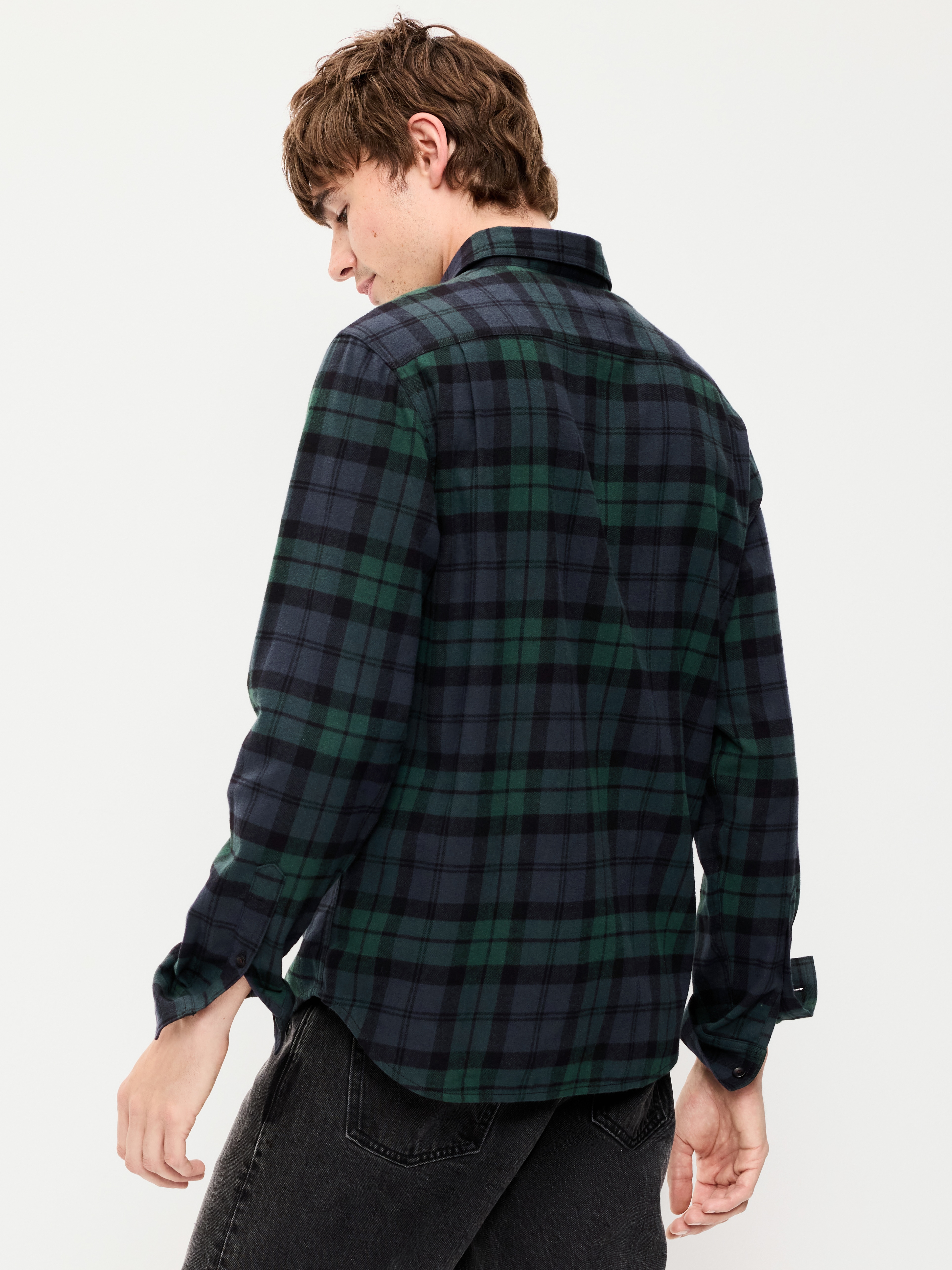 Relaxed Long-Sleeve Flannel Pocket Shirt - Green/Blue Plaid - 2