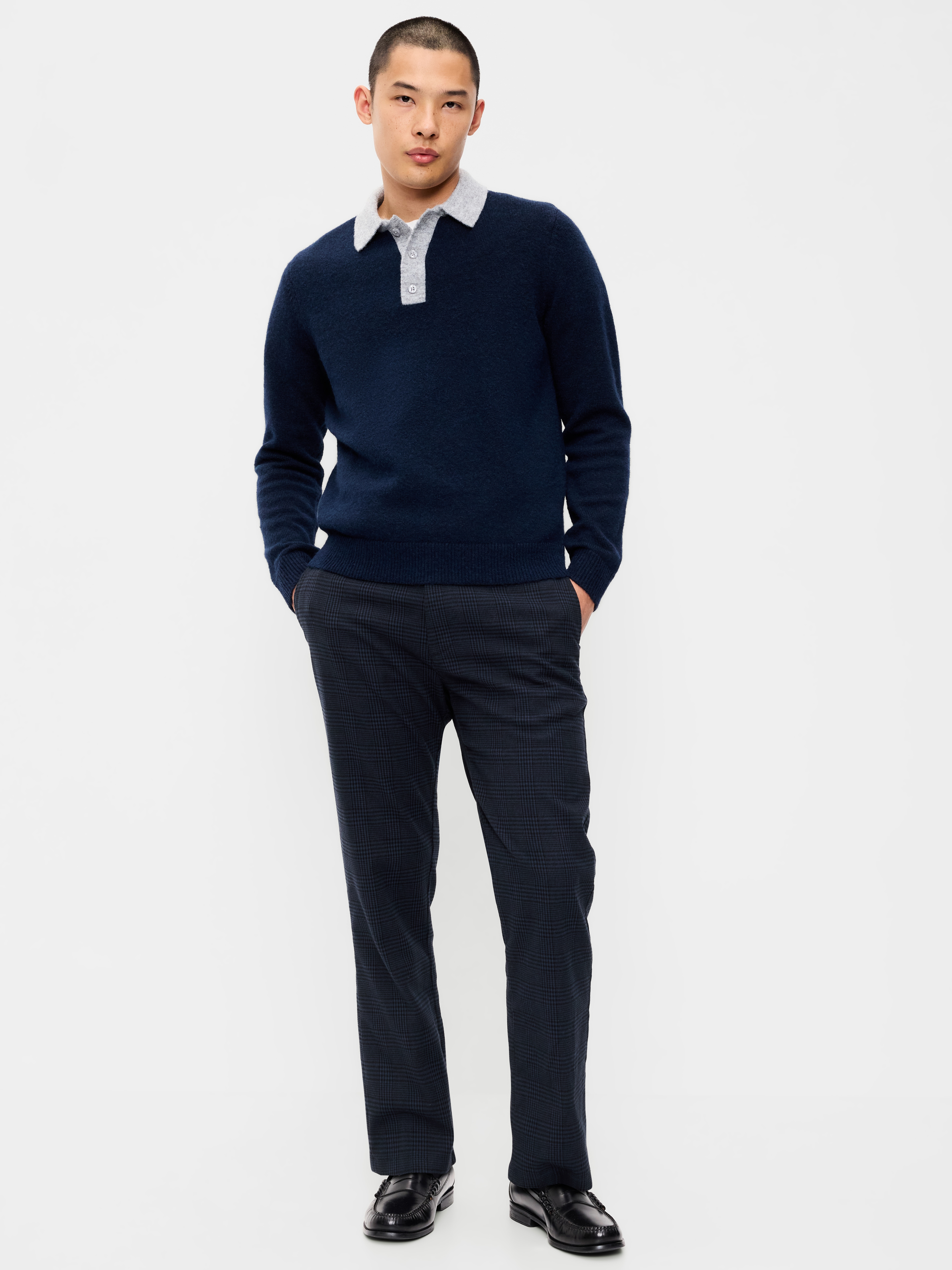 90s Straight-Fit Textured Twill Pants - Navy Plaid - 1
