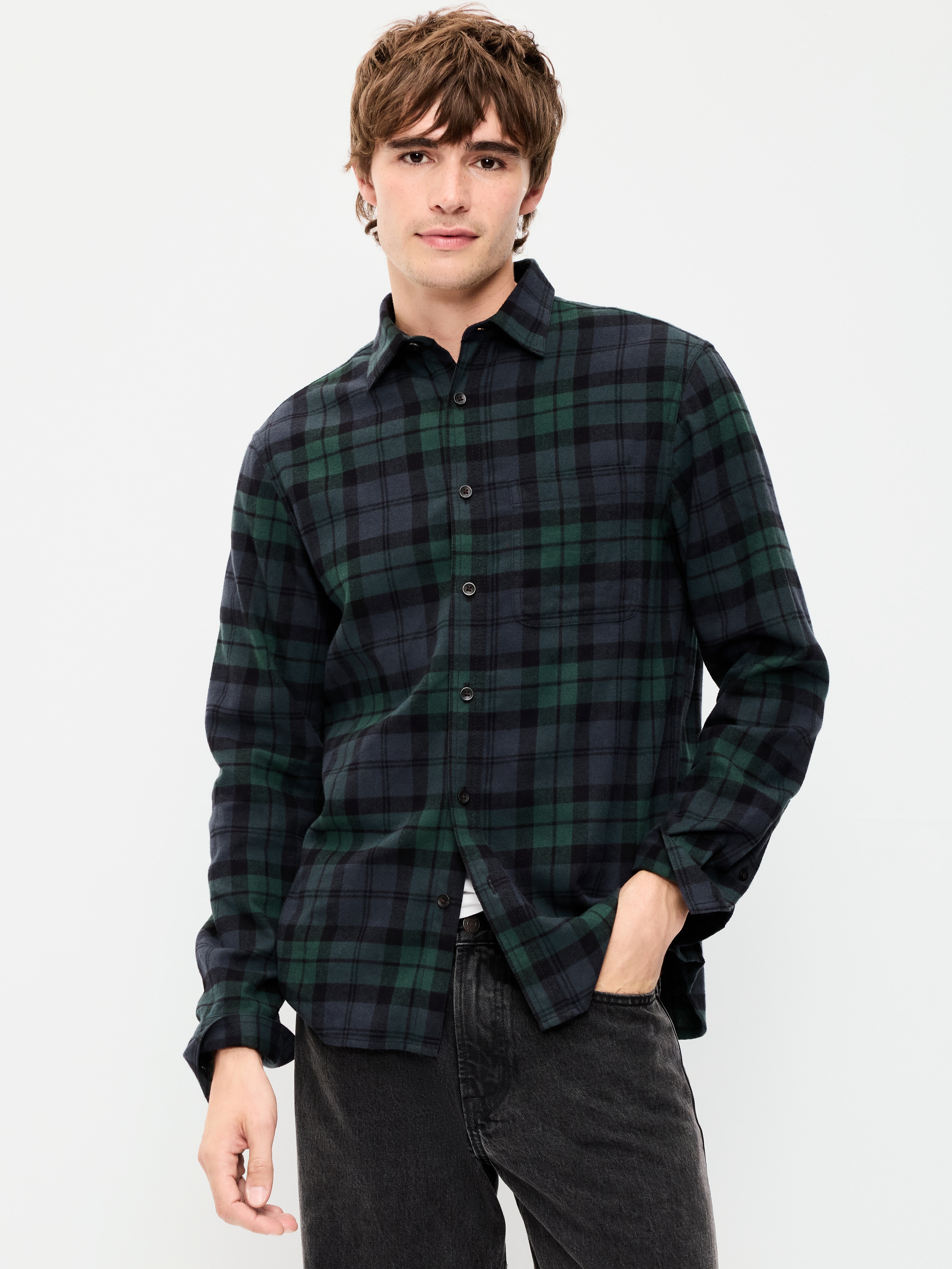 Relaxed Long-Sleeve Flannel Pocket Shirt - Green/Blue Plaid - 1