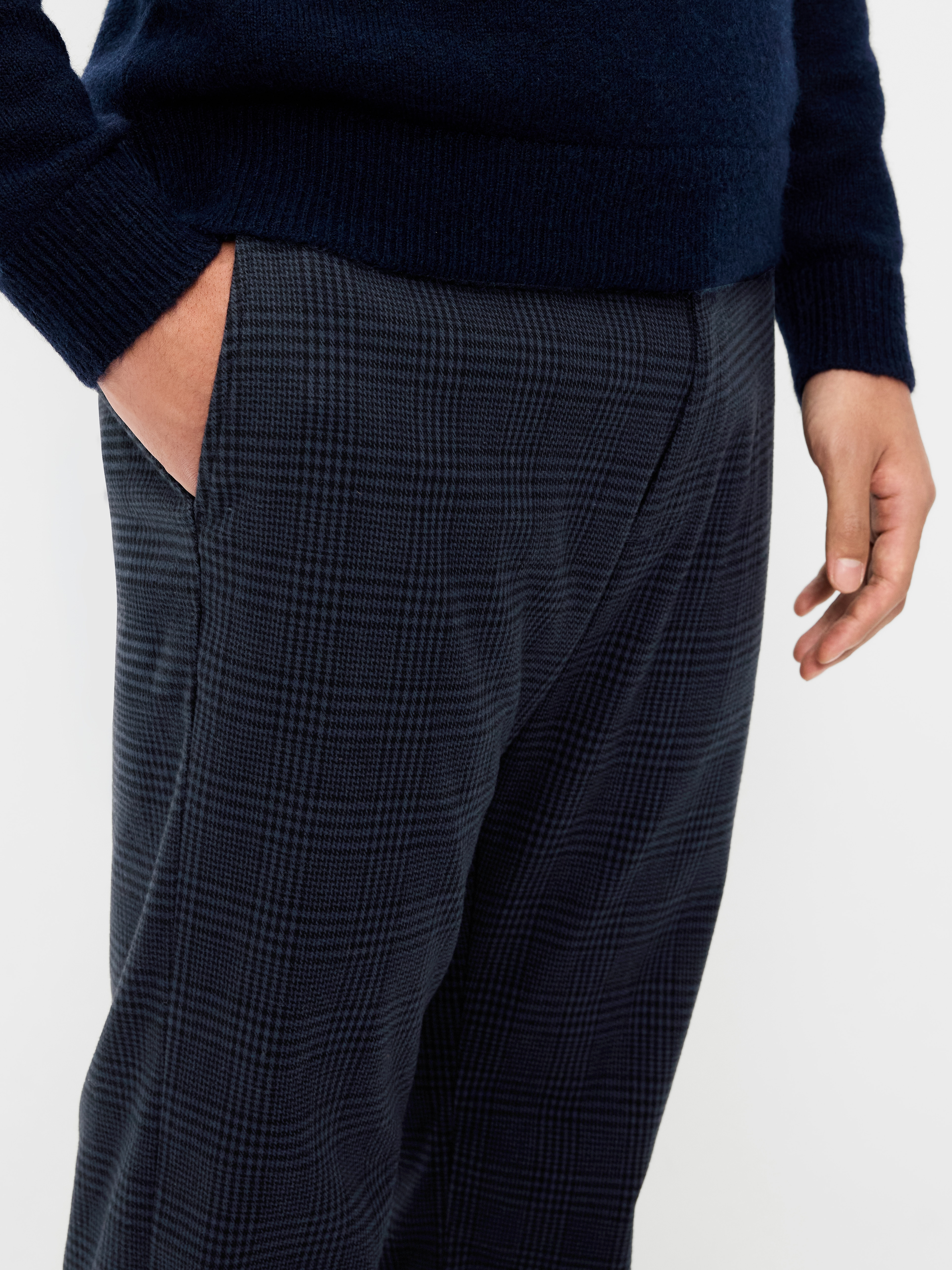90s Straight-Fit Textured Twill Pants - Navy Plaid - 4