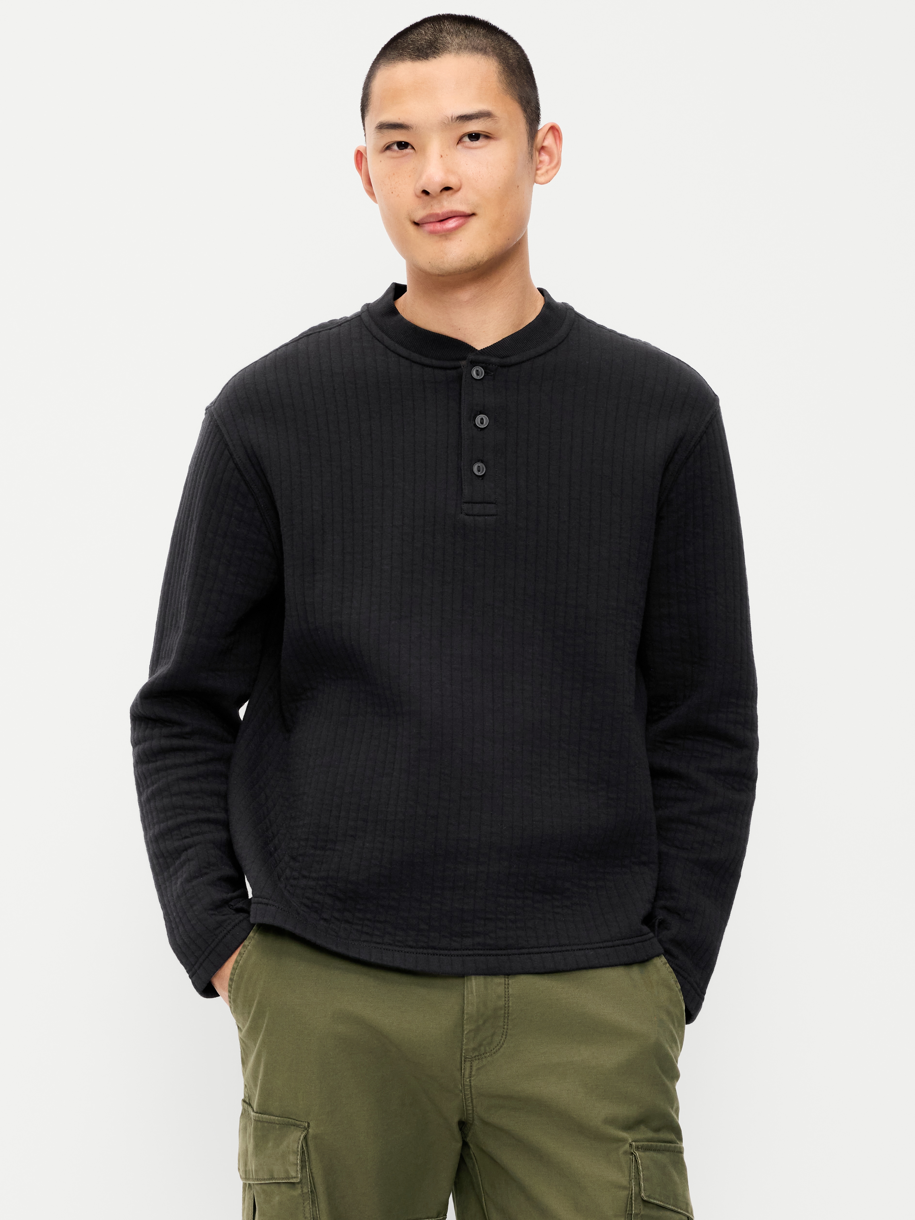 Long-Sleeve Quilted Fleece Henley Sweatshirt - Black Jack - 1