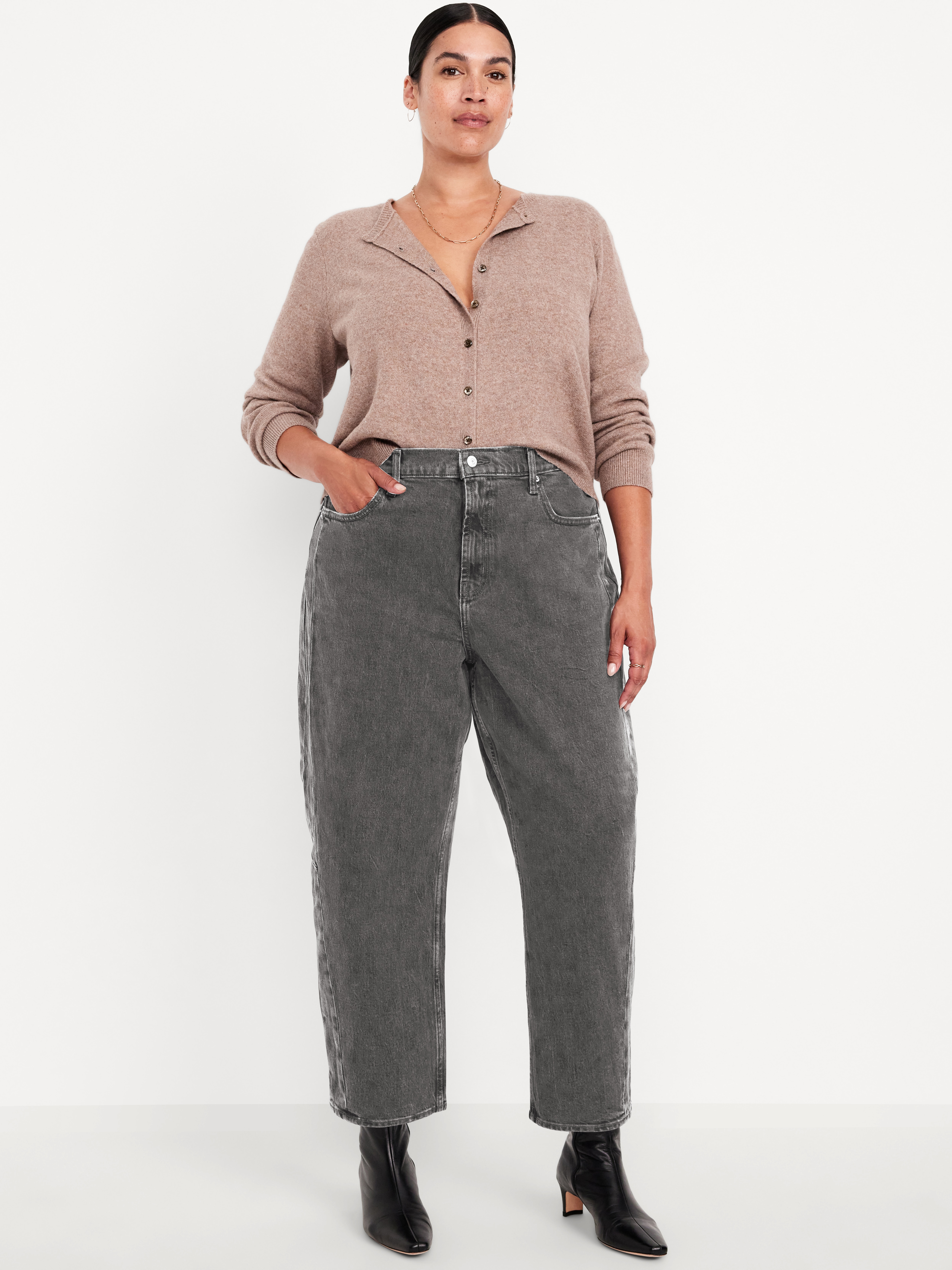 High-Waisted Baggy Barrel Ankle Jeans - Gray Wash - 6