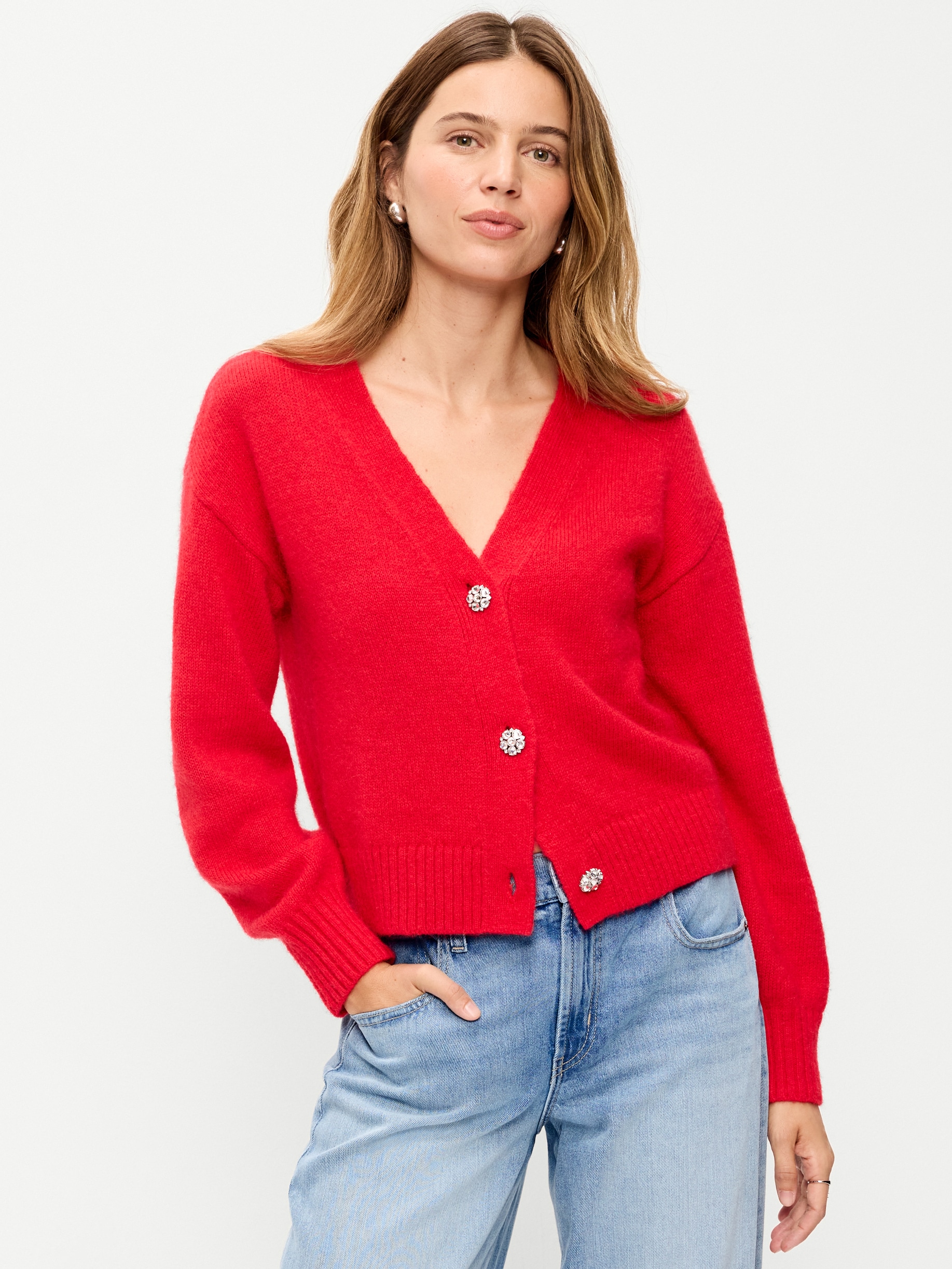 Jeweled Button Cardigan - Scotty Red - 3