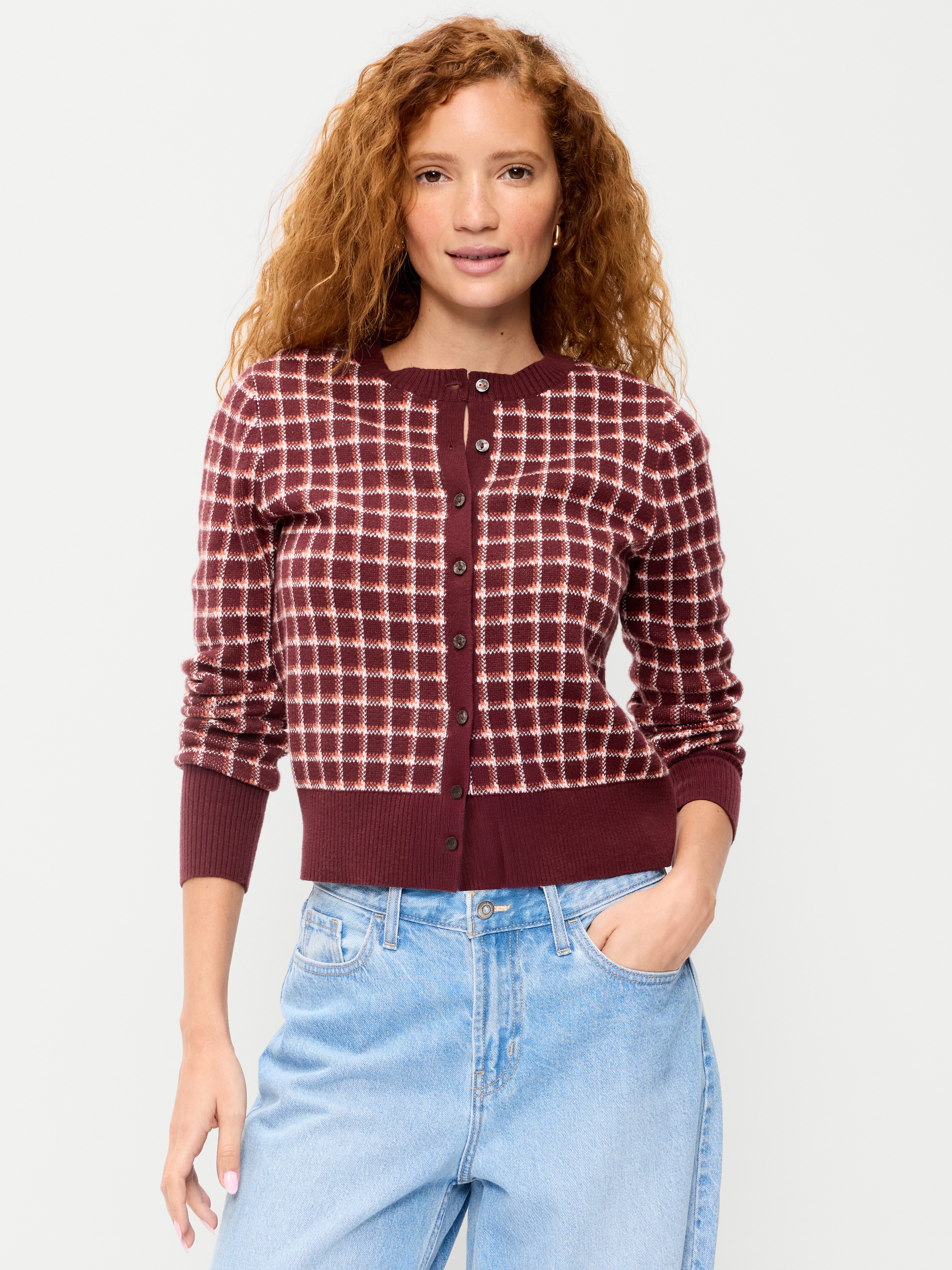 SoSoft Cropped Crew-Neck Cardigan - Red Plaid - 1