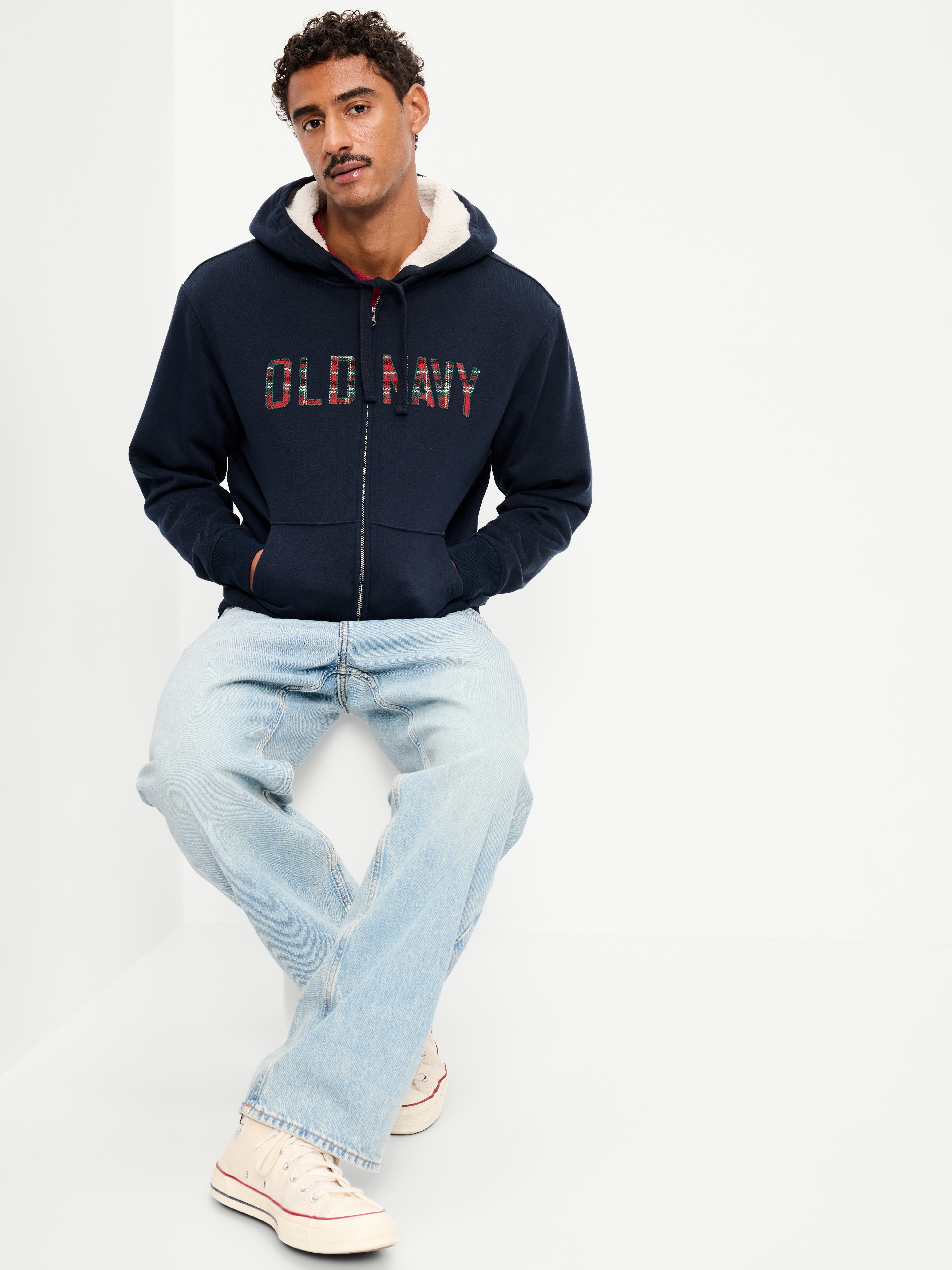 Sherpa-Lined Logo Graphic Full-Zip Hoodie - In the Navy - 3