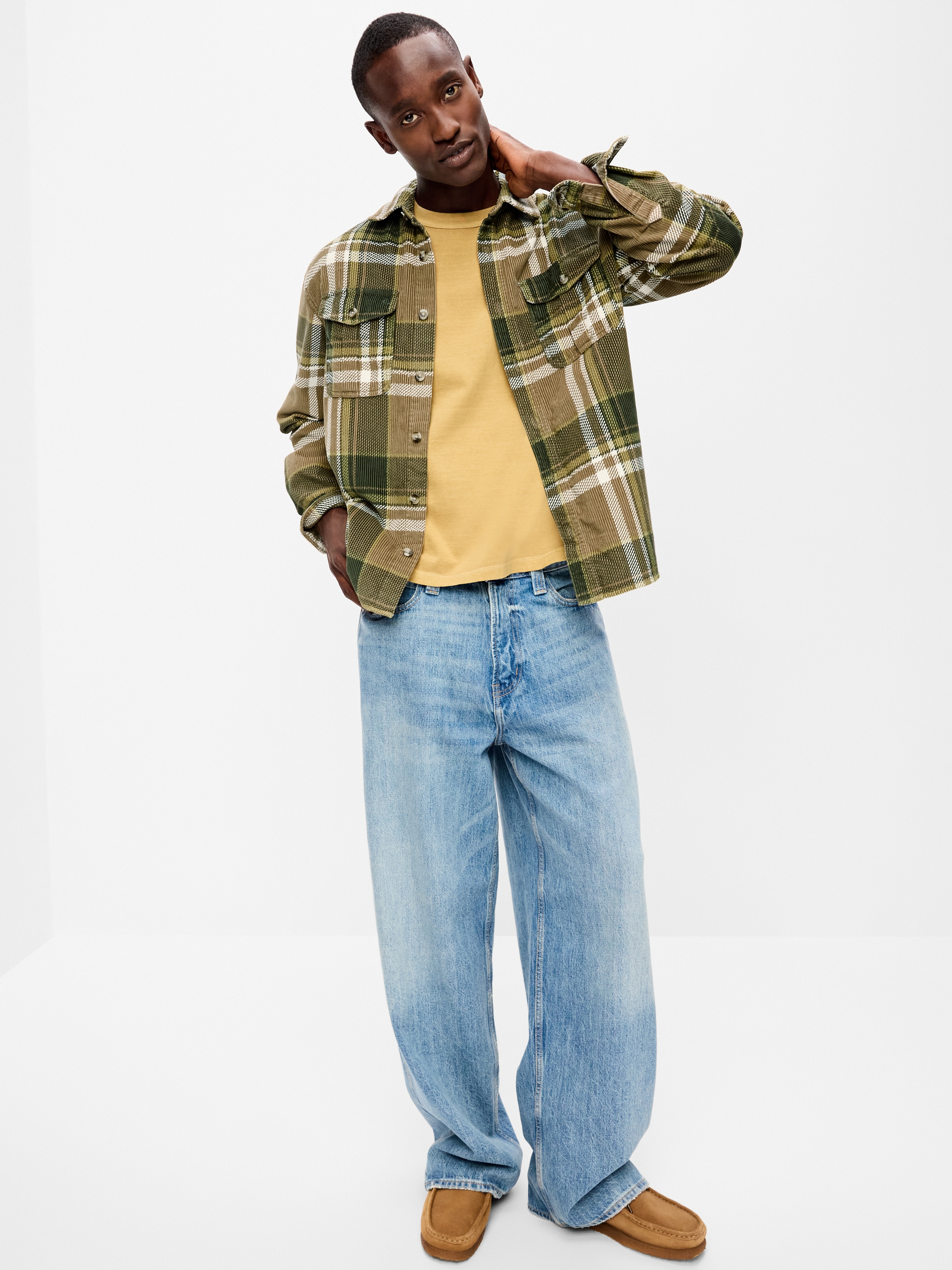 Loose Fit Long-Sleeve Corduroy Shirt - Neutral Plaid - 3