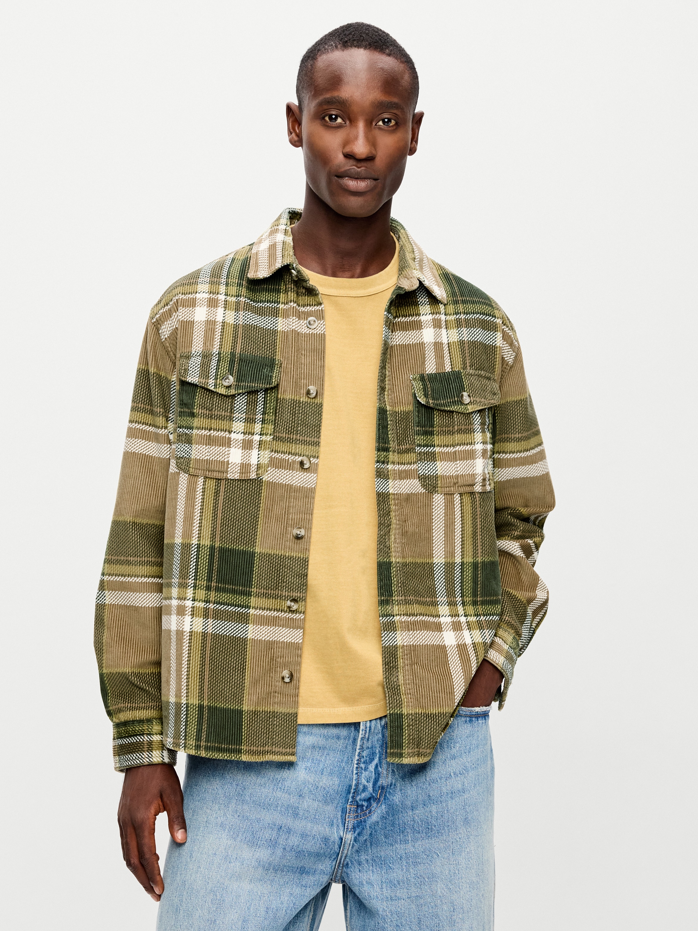 Loose Fit Long-Sleeve Corduroy Shirt - Neutral Plaid - 1