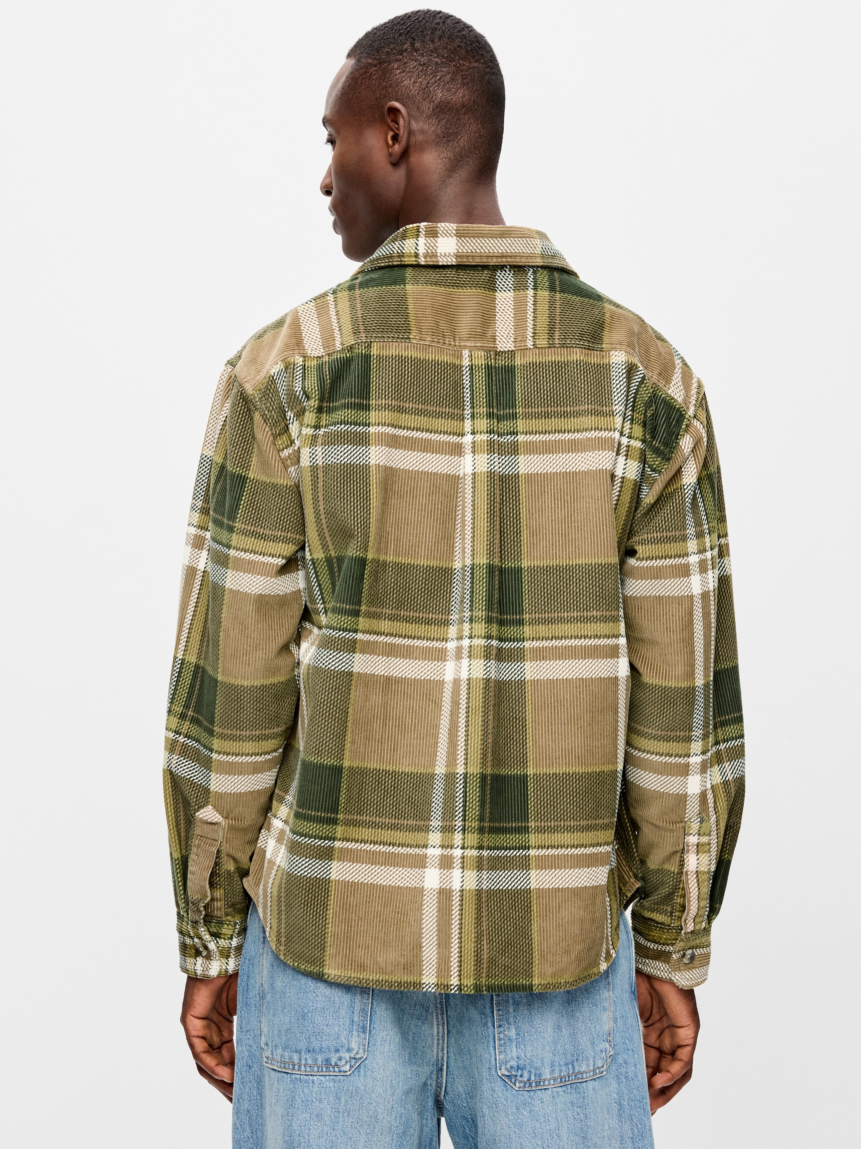 Loose Fit Long-Sleeve Corduroy Shirt - Neutral Plaid - 2