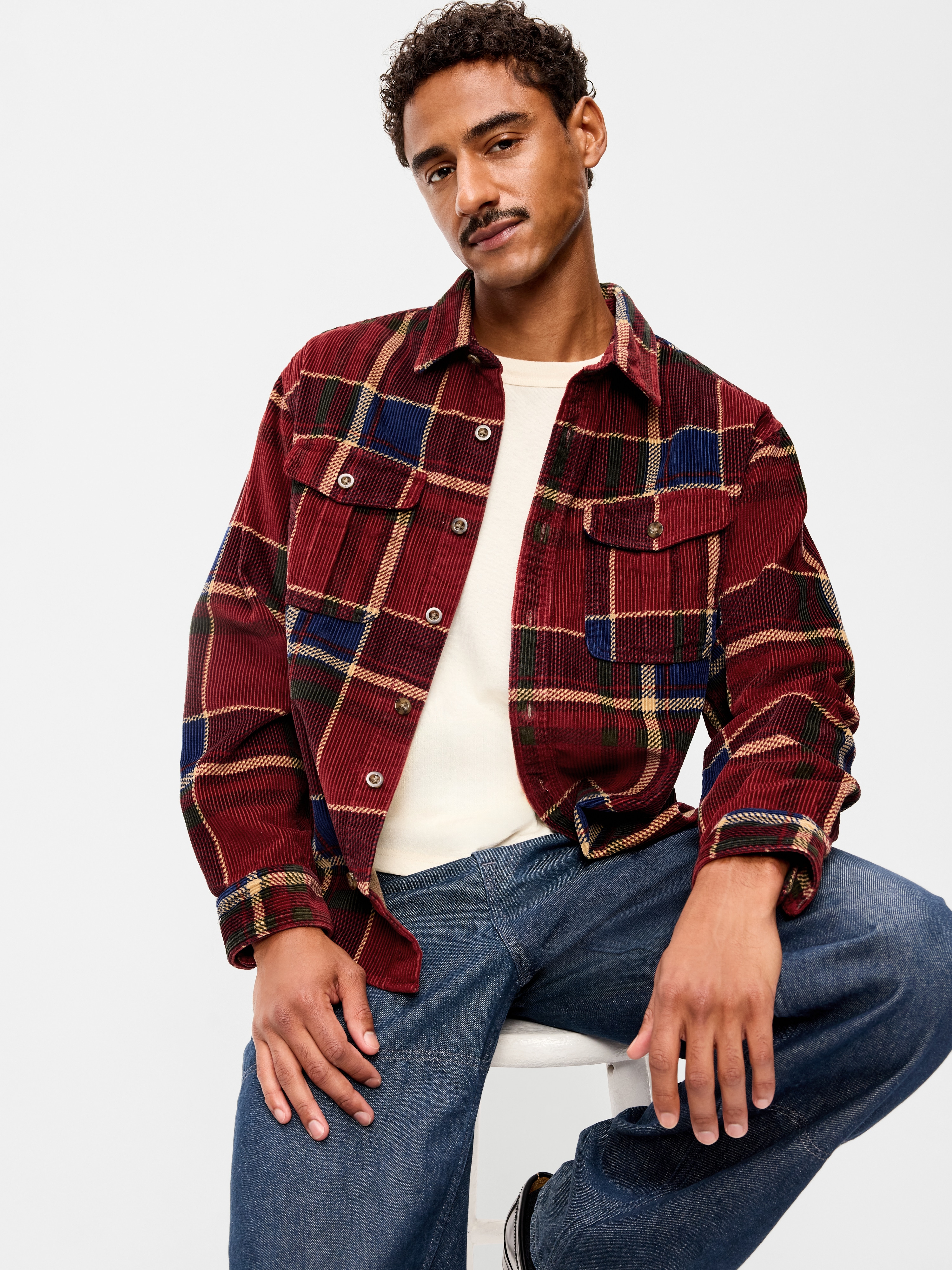 Loose Fit Long-Sleeve Corduroy Shirt - Red Plaid - 1