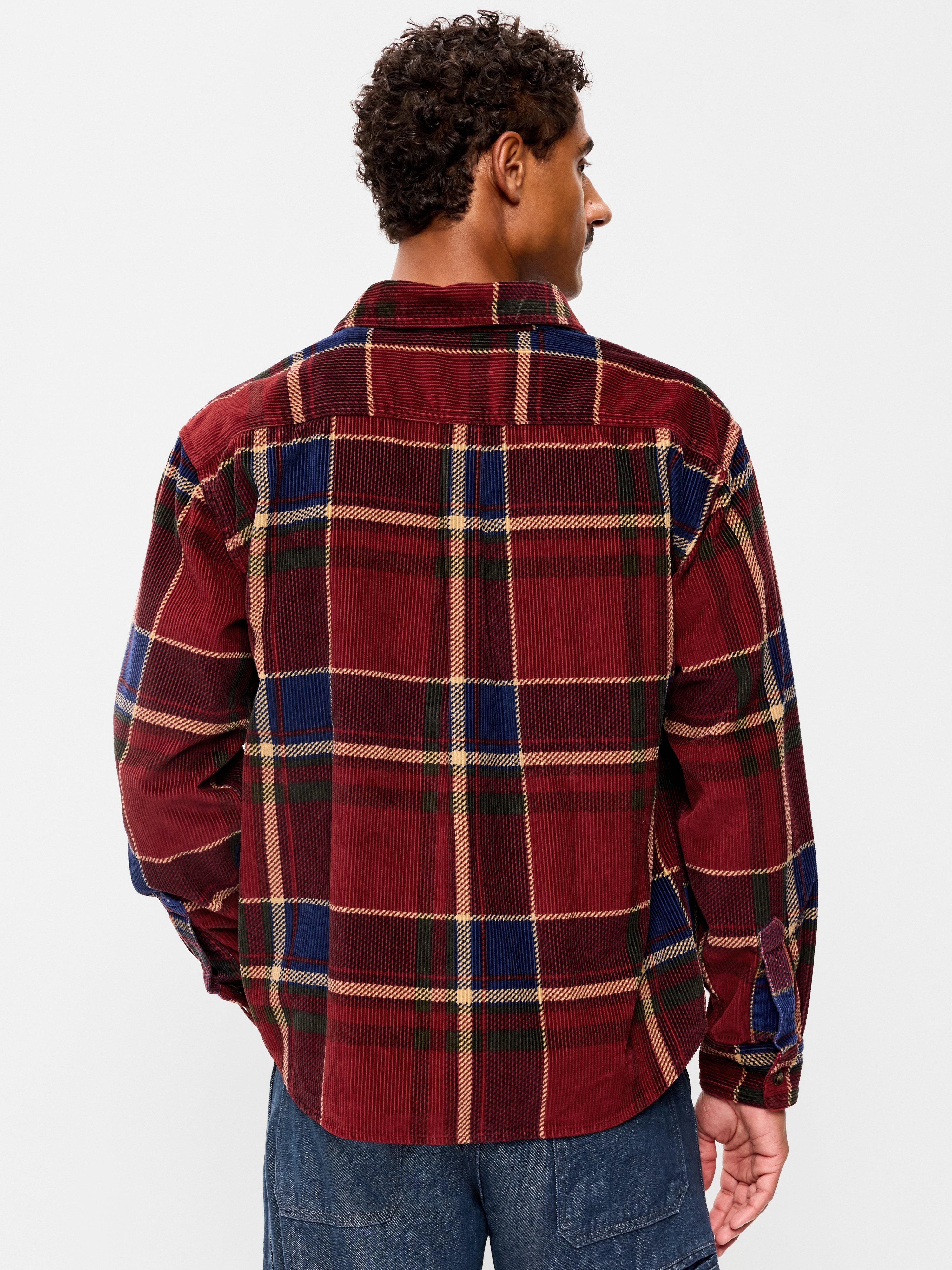 Loose Fit Long-Sleeve Corduroy Shirt - Red Plaid - 2