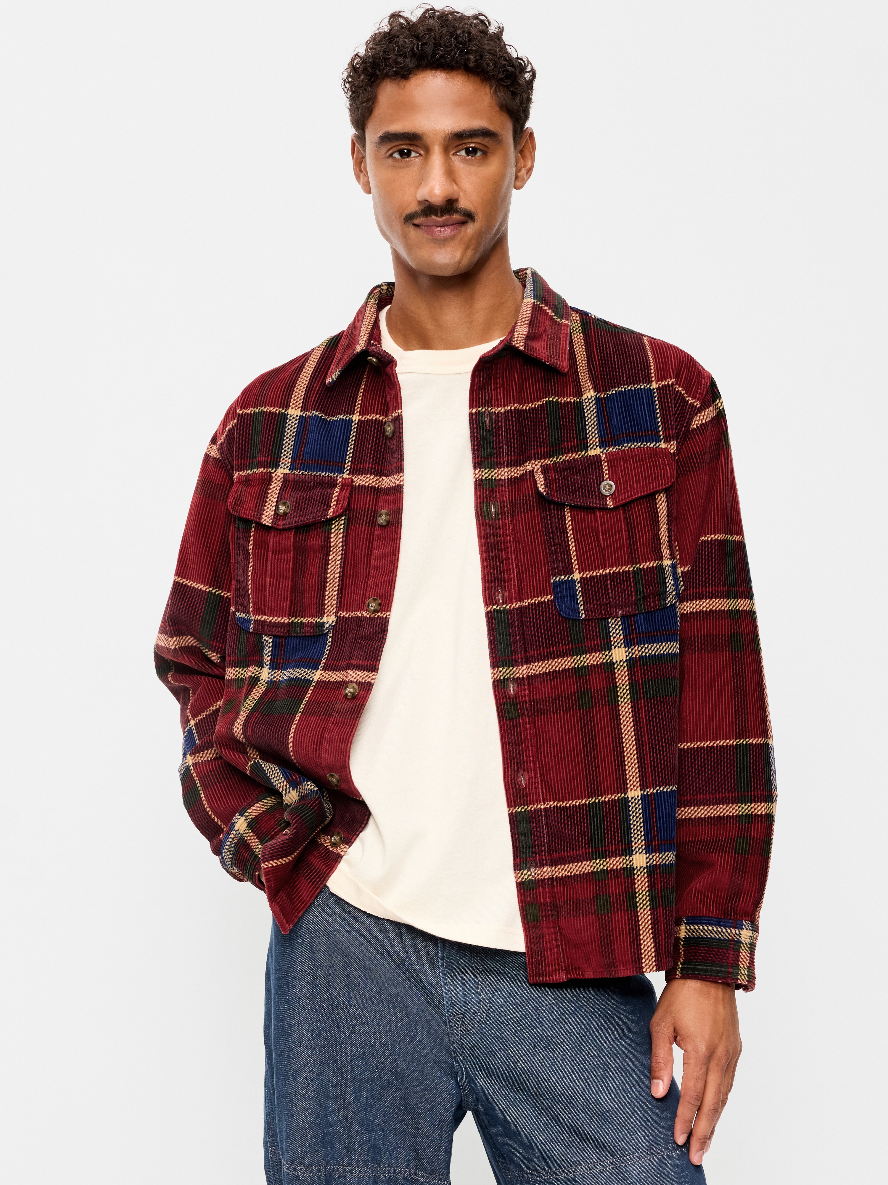 Loose Fit Long-Sleeve Corduroy Shirt - Red Plaid - 3