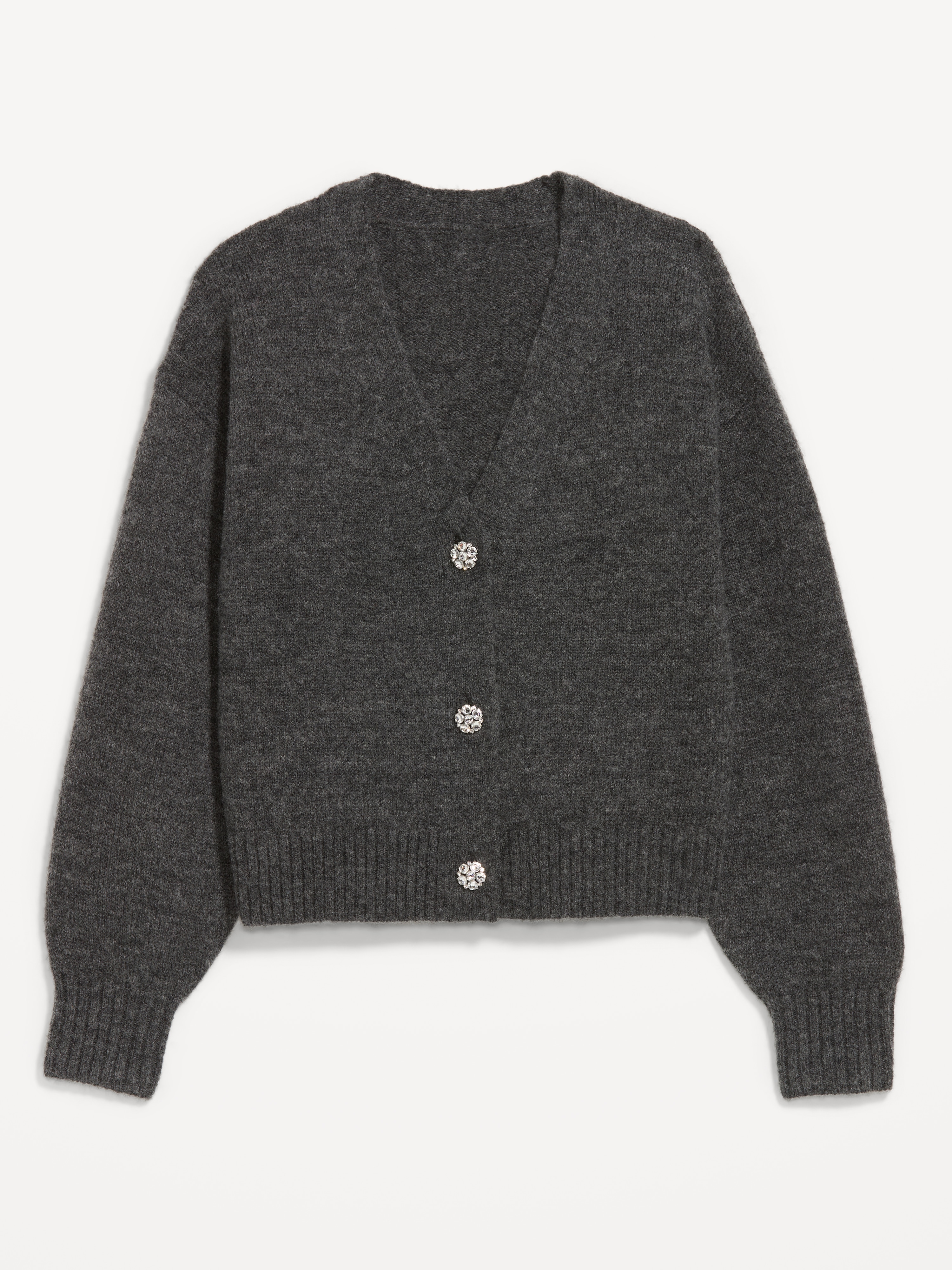 Jeweled Button Cardigan - Charcoal Heather - 4