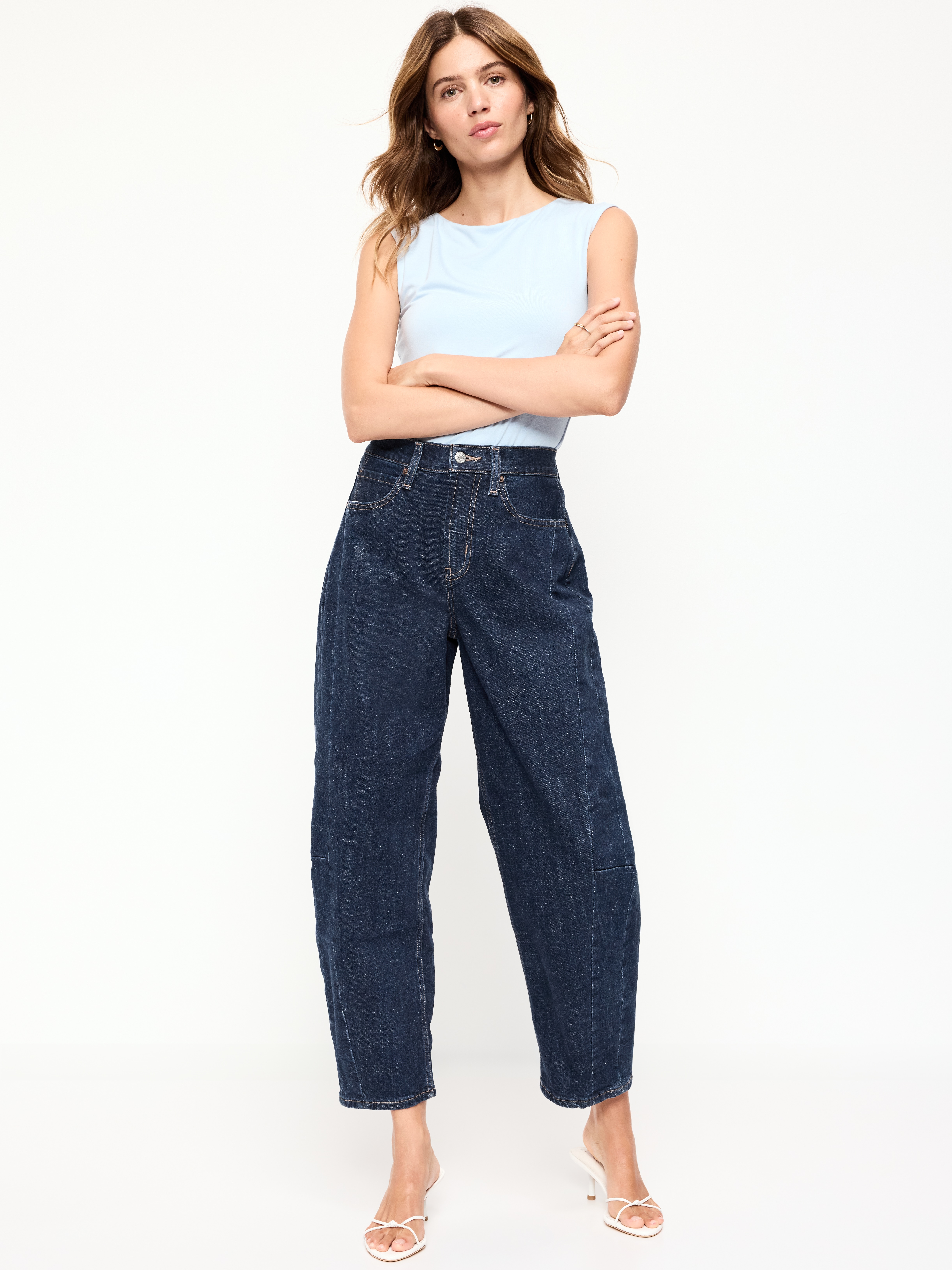 High-Waisted Baggy Barrel Ankle Jeans - Dark Wash - 1