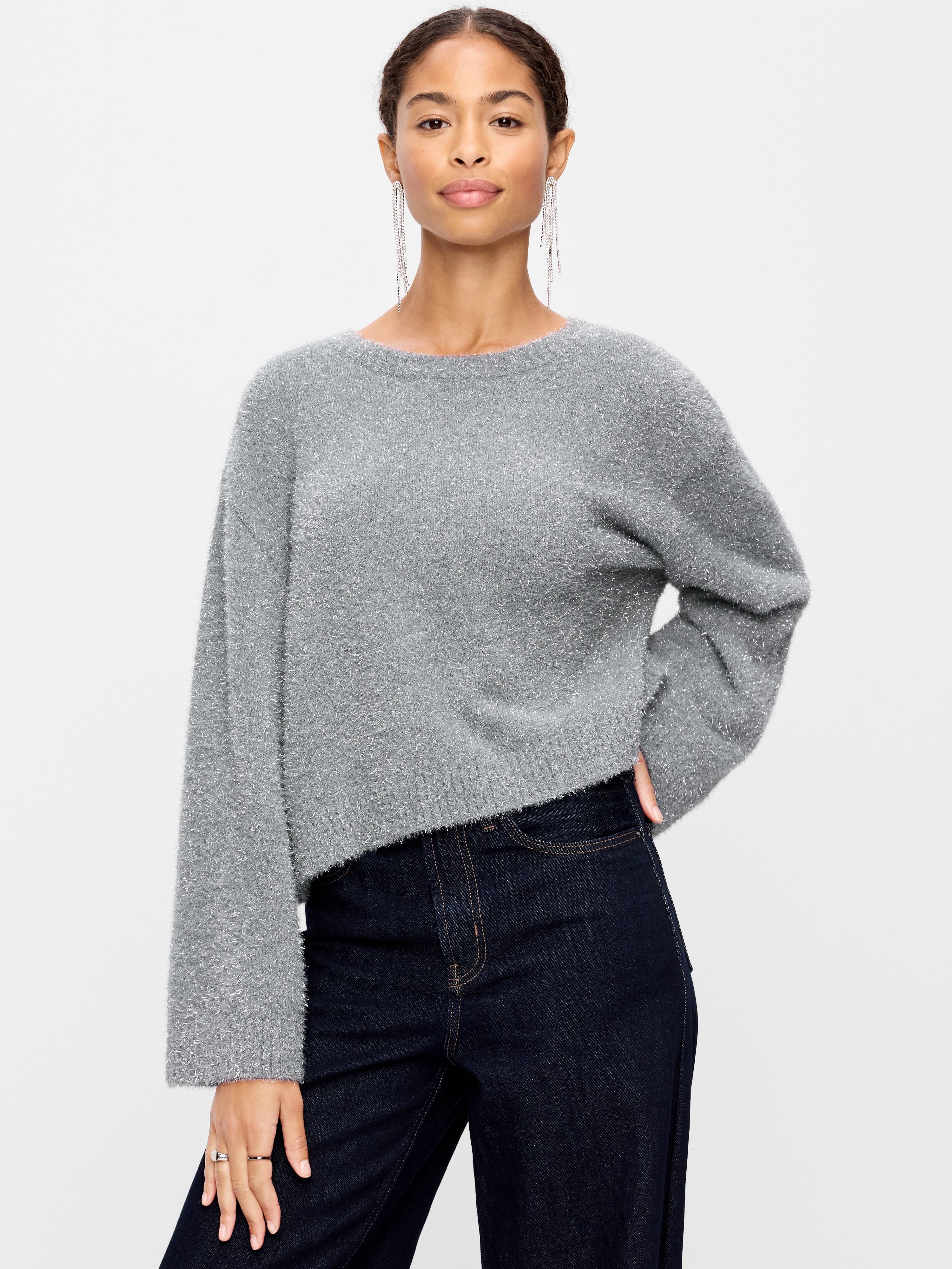 Oversized Shine Crew-Neck Sweater - Silver Shine - 1